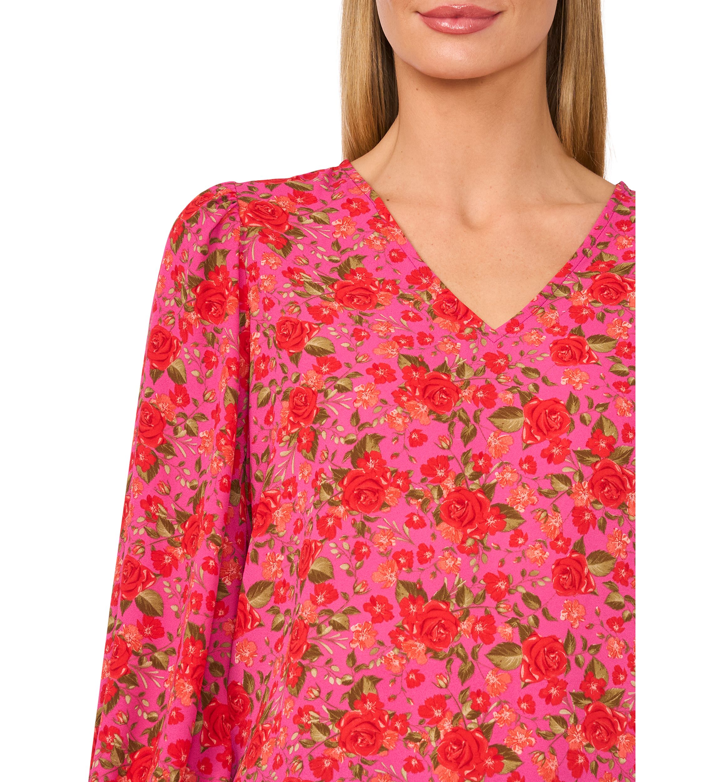 Petite Long Sleeve V-Neck Blouse with Smocking 