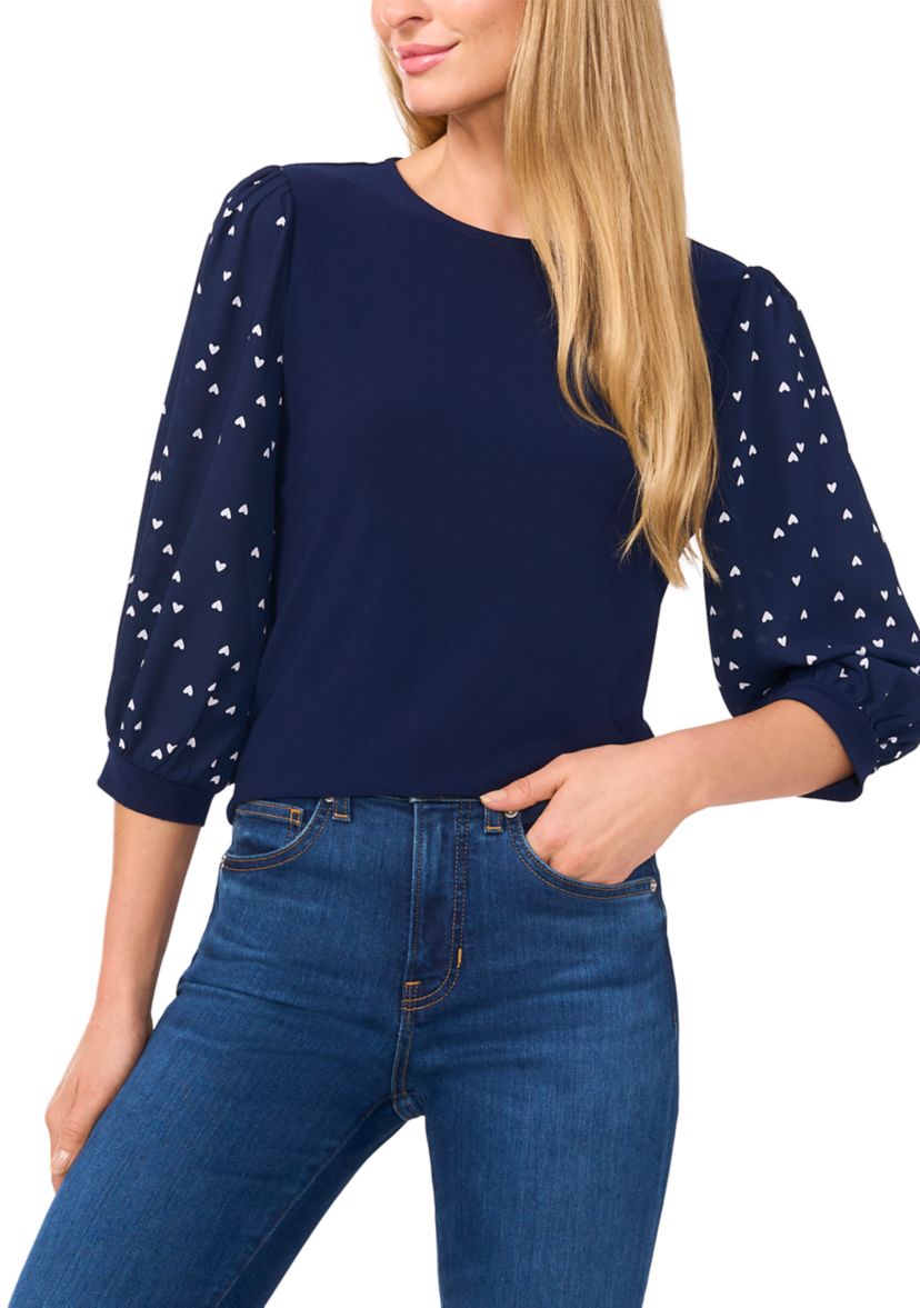 Petite 3/4 Sleeve Mixed Media Top 