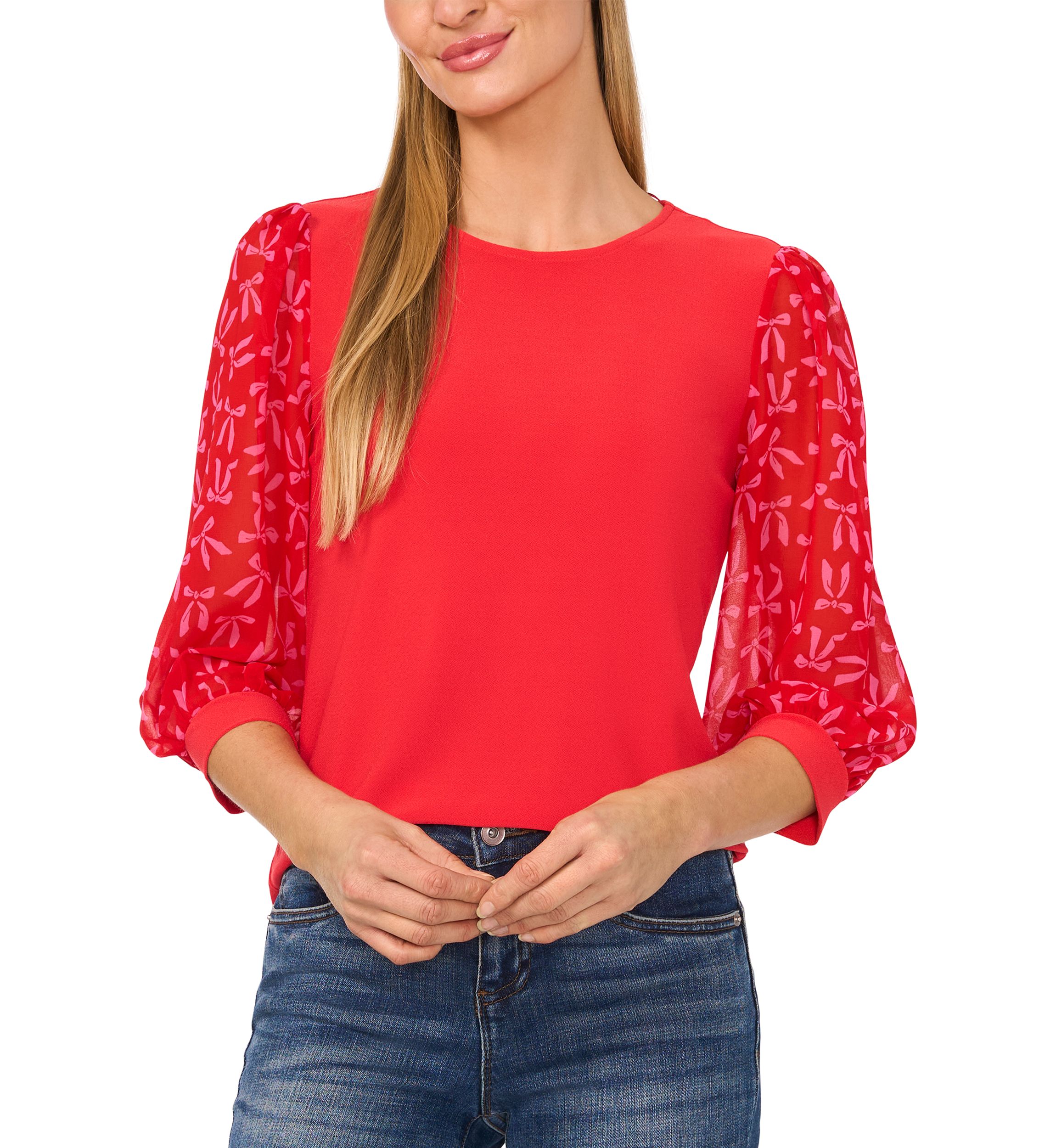 Petite 3/4 Sleeve Mixed Media Top