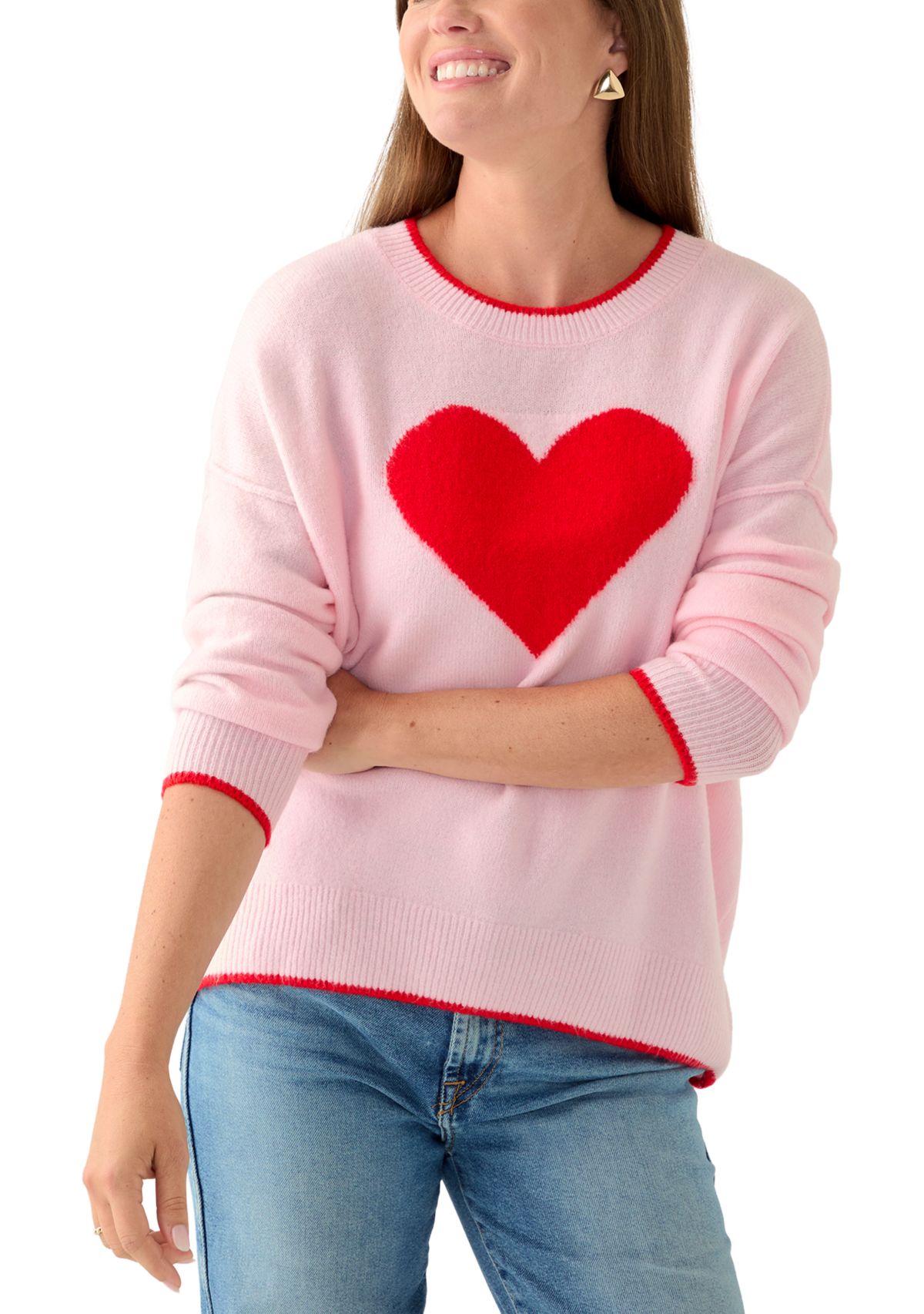 Petite Long Sleeve Heart Sweater with Tipping