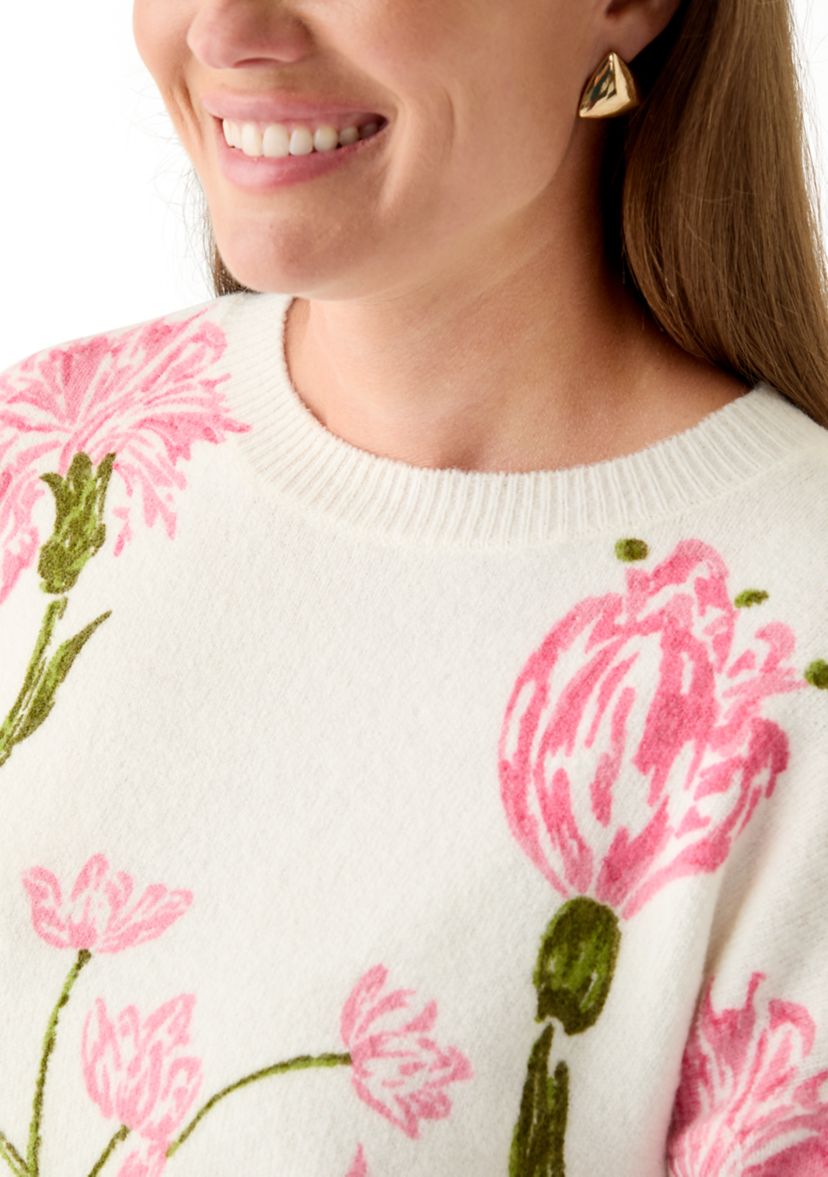 Petite Brushed Floral Print Long Sleeve Pullover Sweater