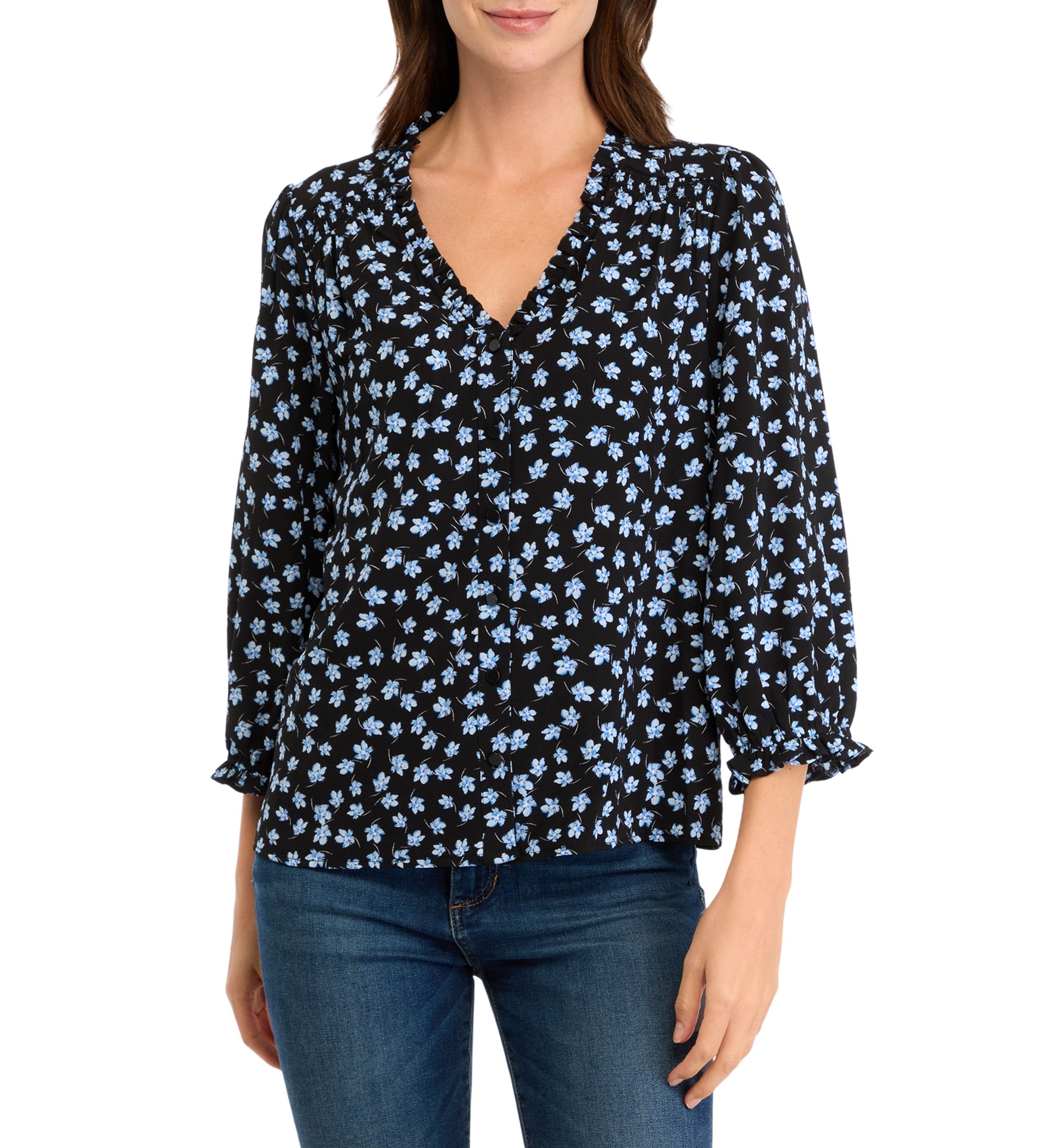 Womens 3/4 Sleeve Floral Button Front Blouse