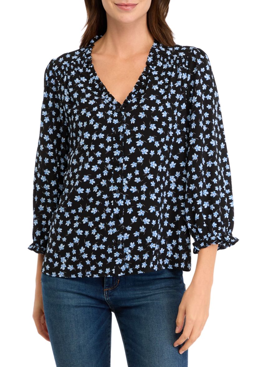 Womens 3/4 Sleeve Floral Button Front Blouse