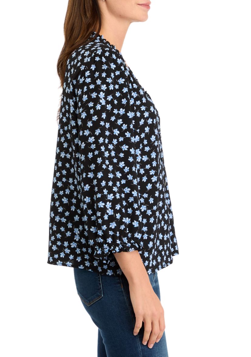Womens 3/4 Sleeve Floral Button Front Blouse