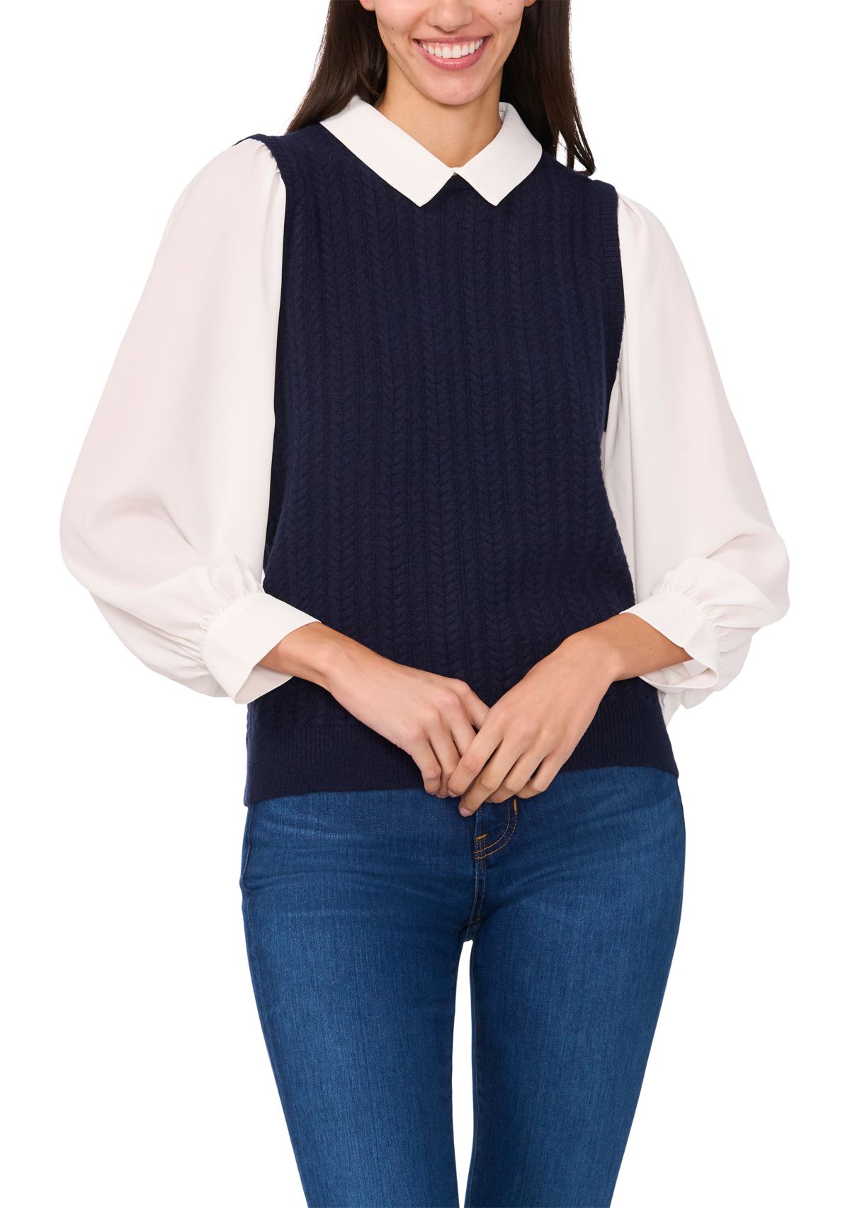 Womens Blouson Sleeve Sweater 2Fer Blouse