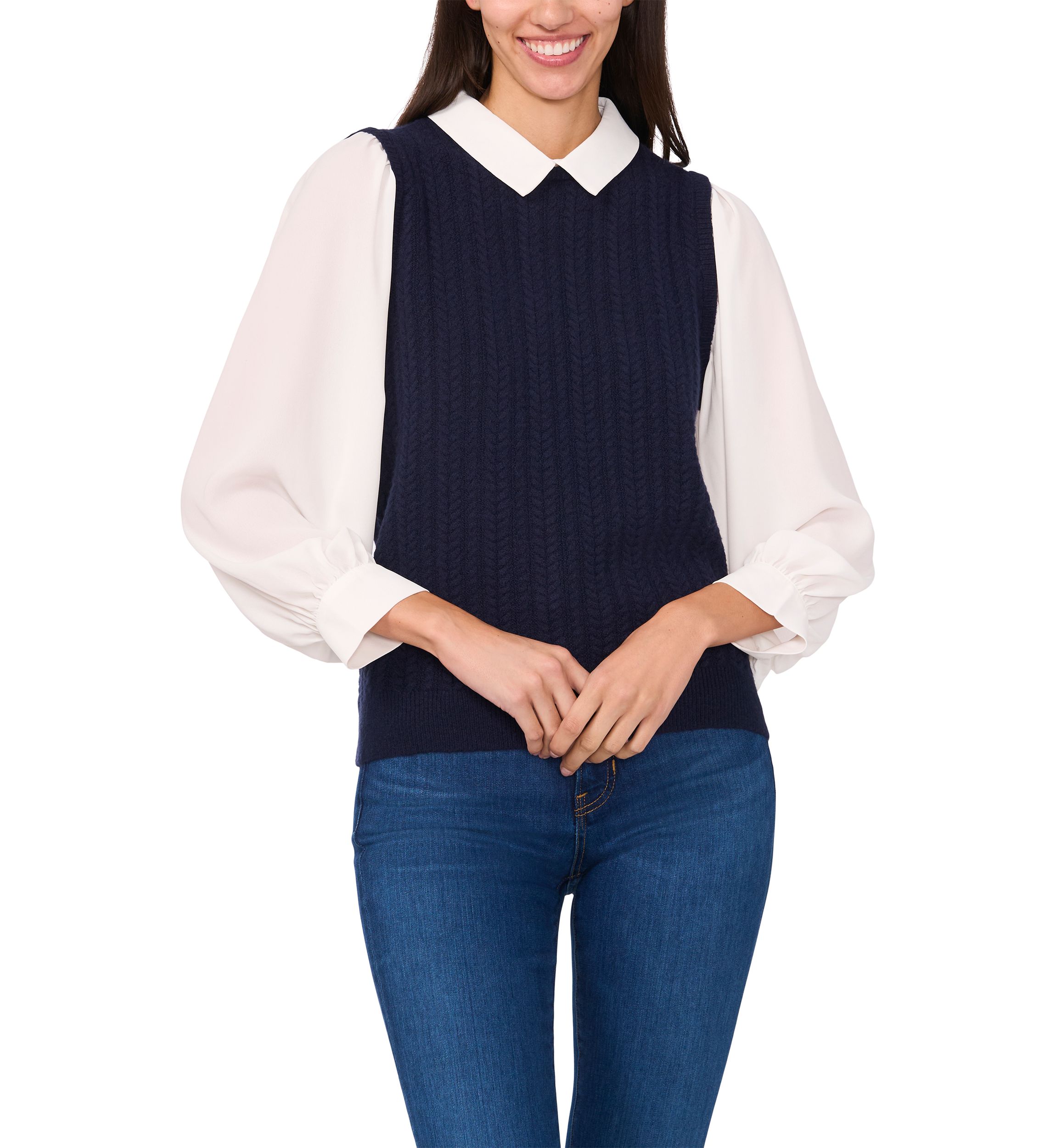 Womens Blouson Sleeve Sweater 2Fer Blouse