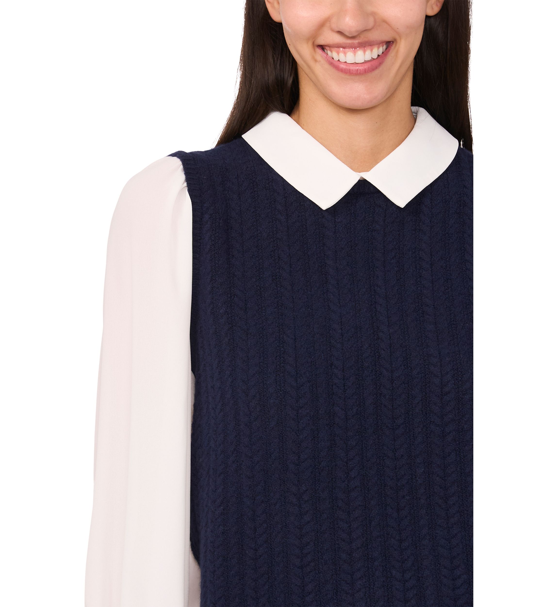 Womens Blouson Sleeve Sweater 2Fer Blouse