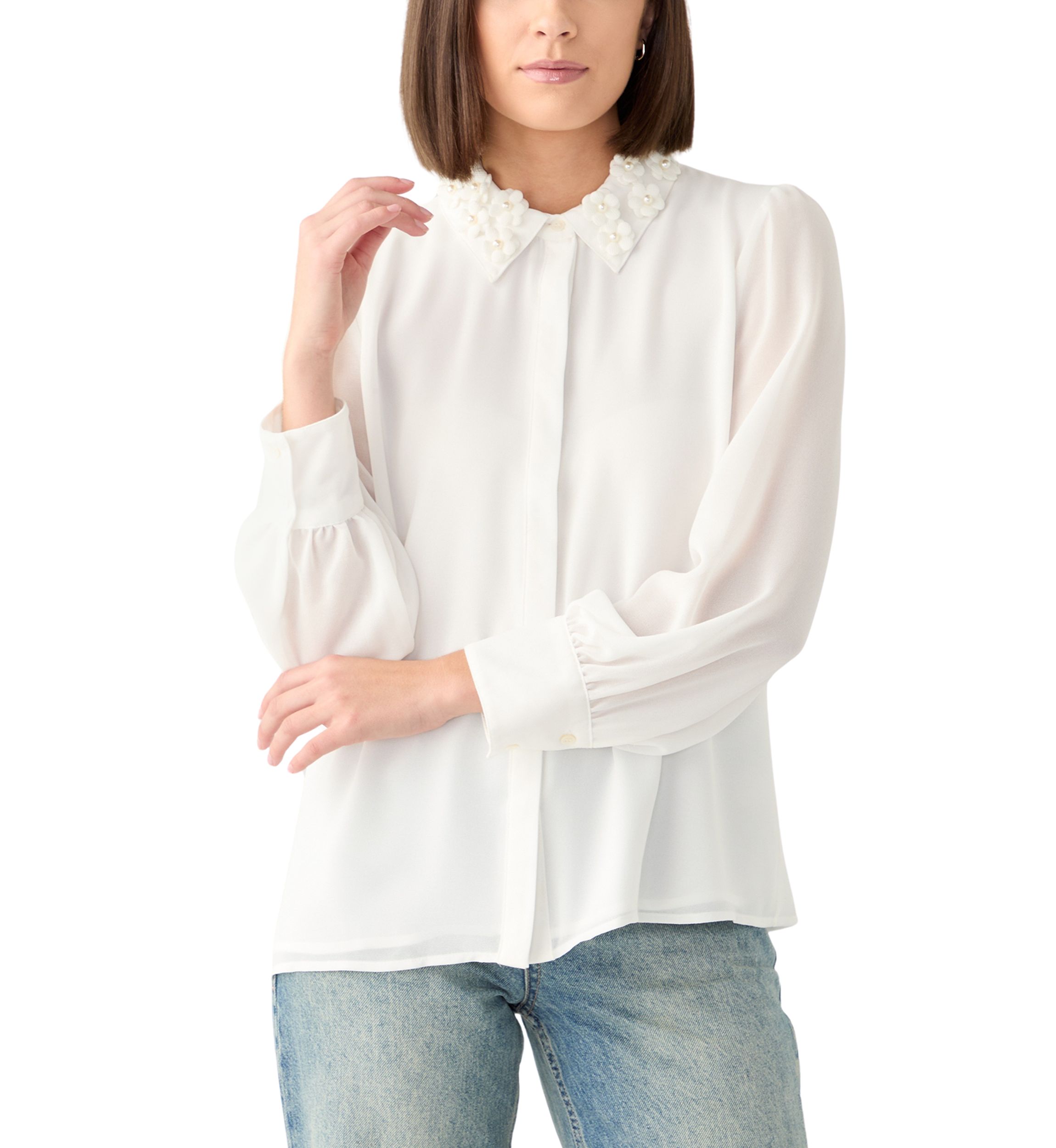 Womens Embroidered Collar Long Sleeve Blouse
