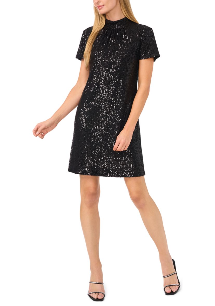 Womens Short Sleeve Sequin Mock Neck A-Line Dress