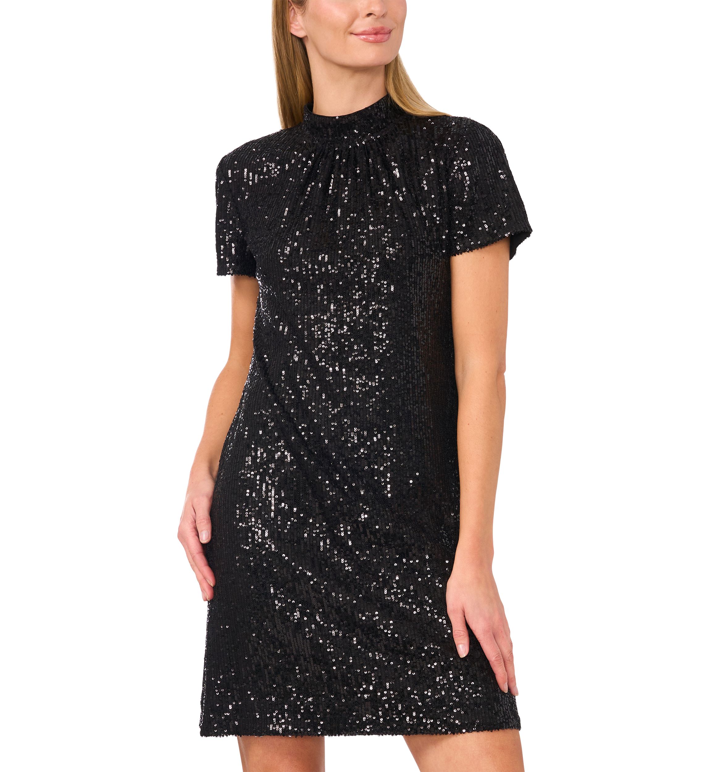 Womens Short Sleeve Sequin Mock Neck A-Line Dress
