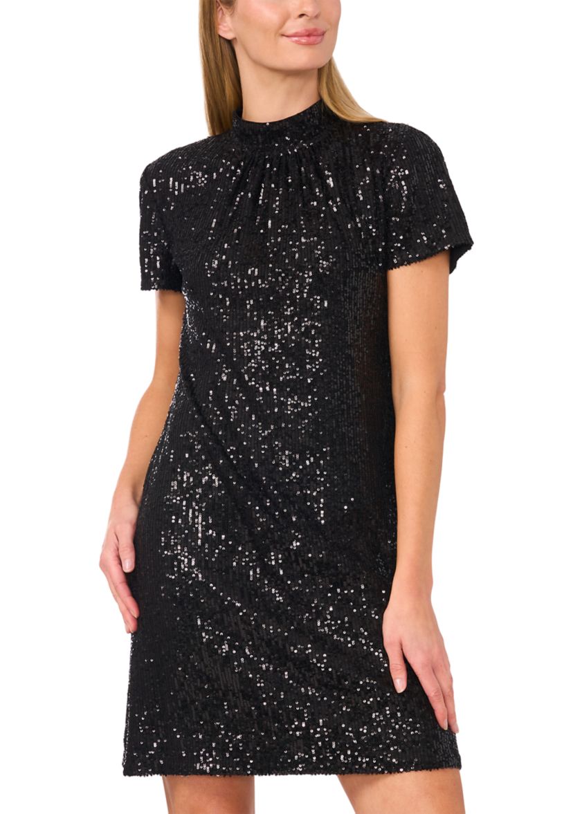 Womens Short Sleeve Sequin Mock Neck A-Line Dress