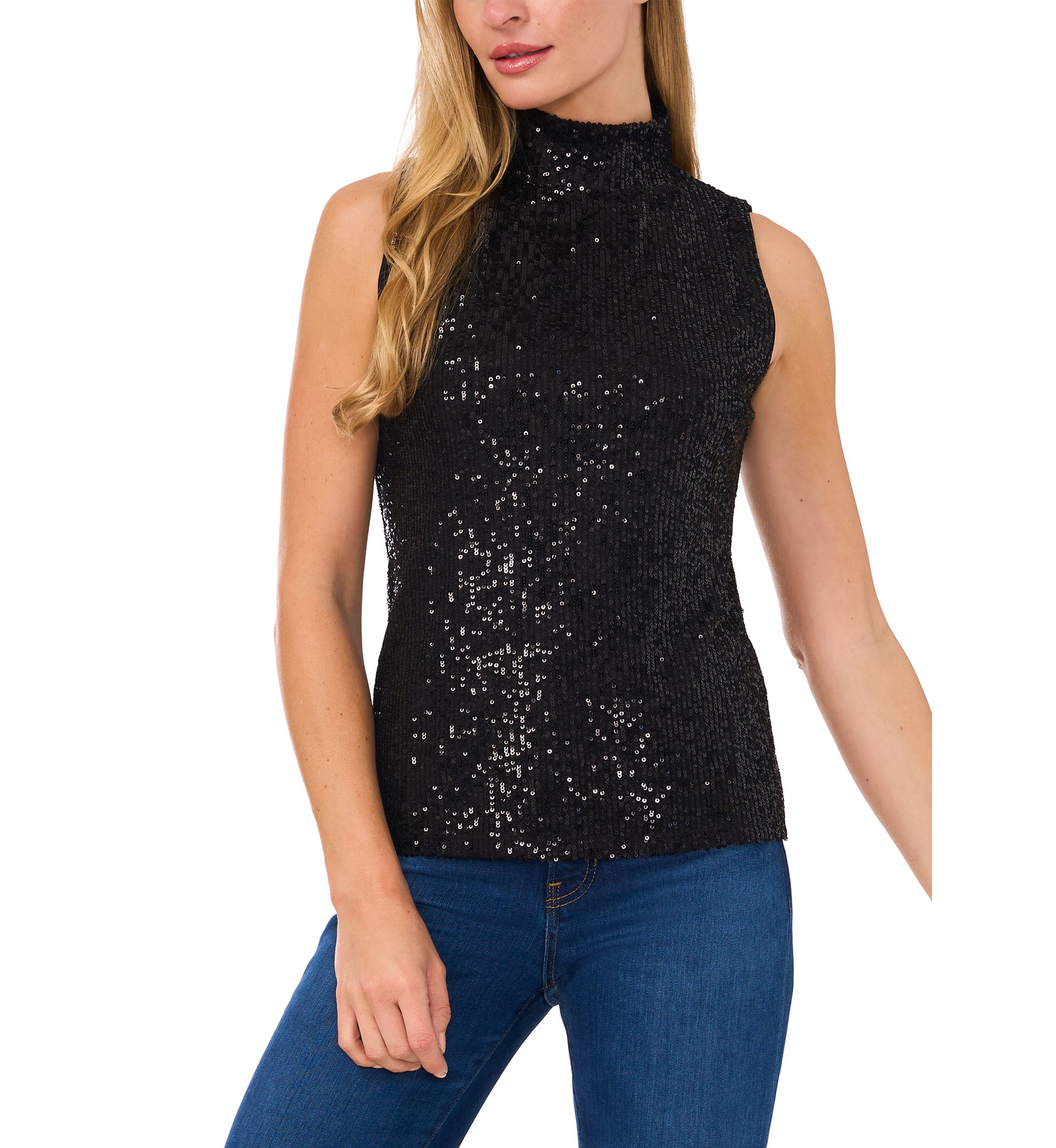 Womens Sleeveless Mock Neck Sequin Top
