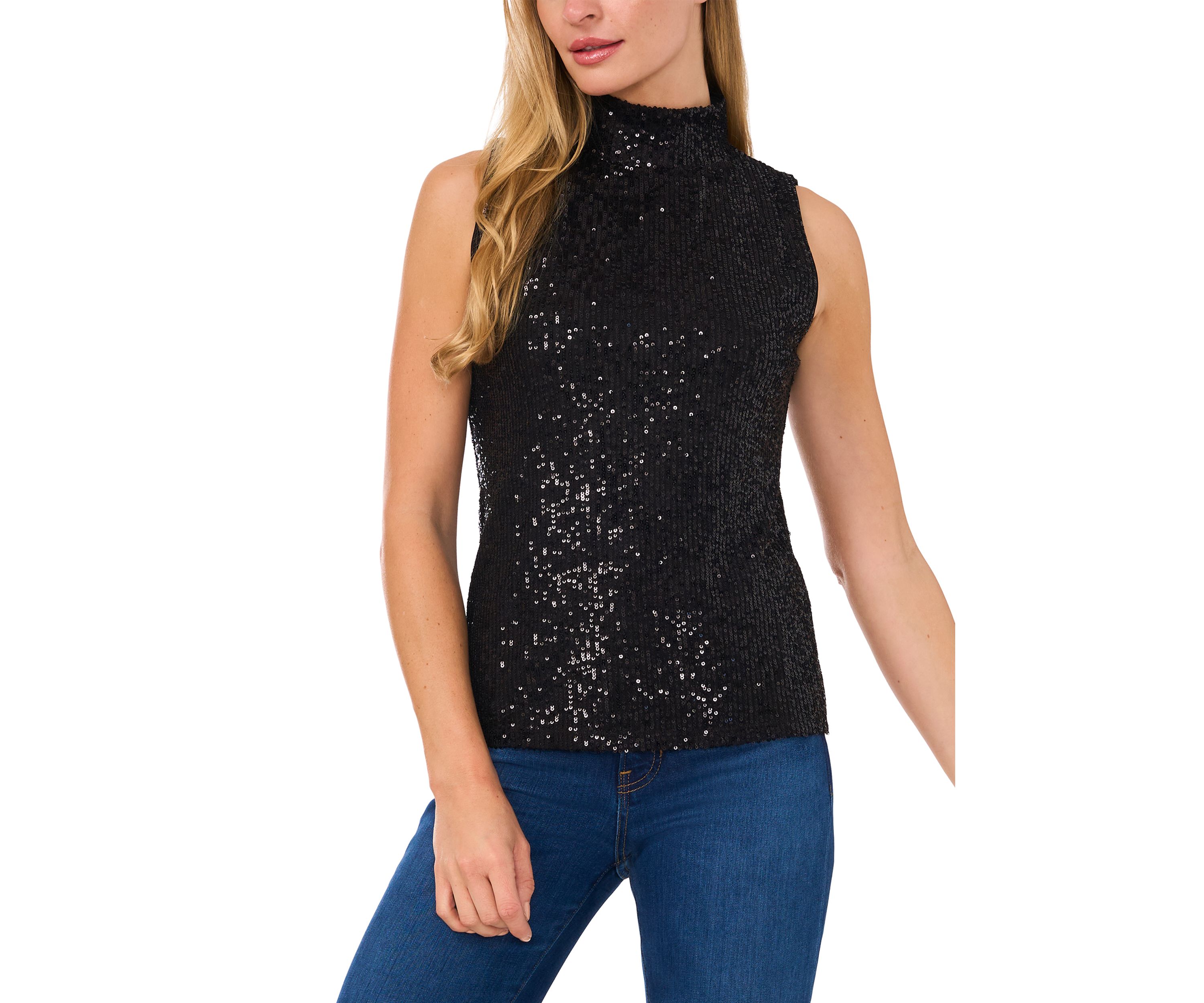 Womens Sleeveless Mock Neck Sequin Top