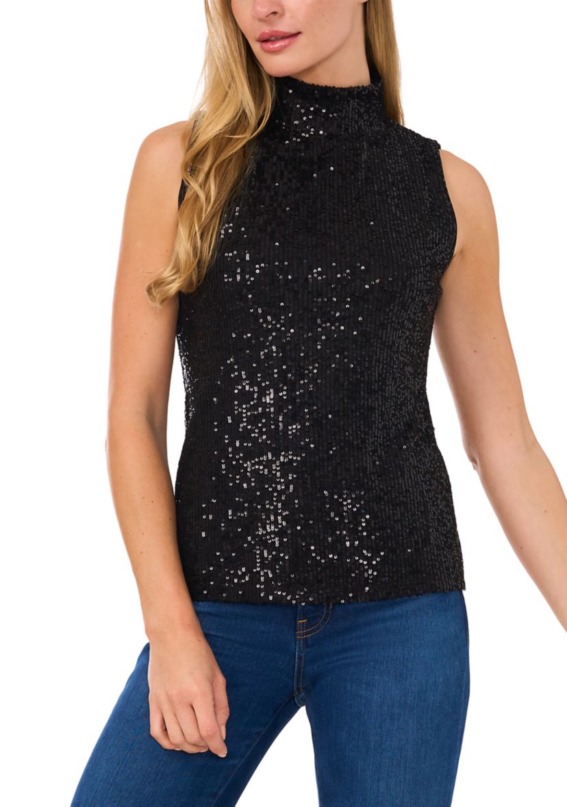 Womens Sleeveless Mock Neck Sequin Top