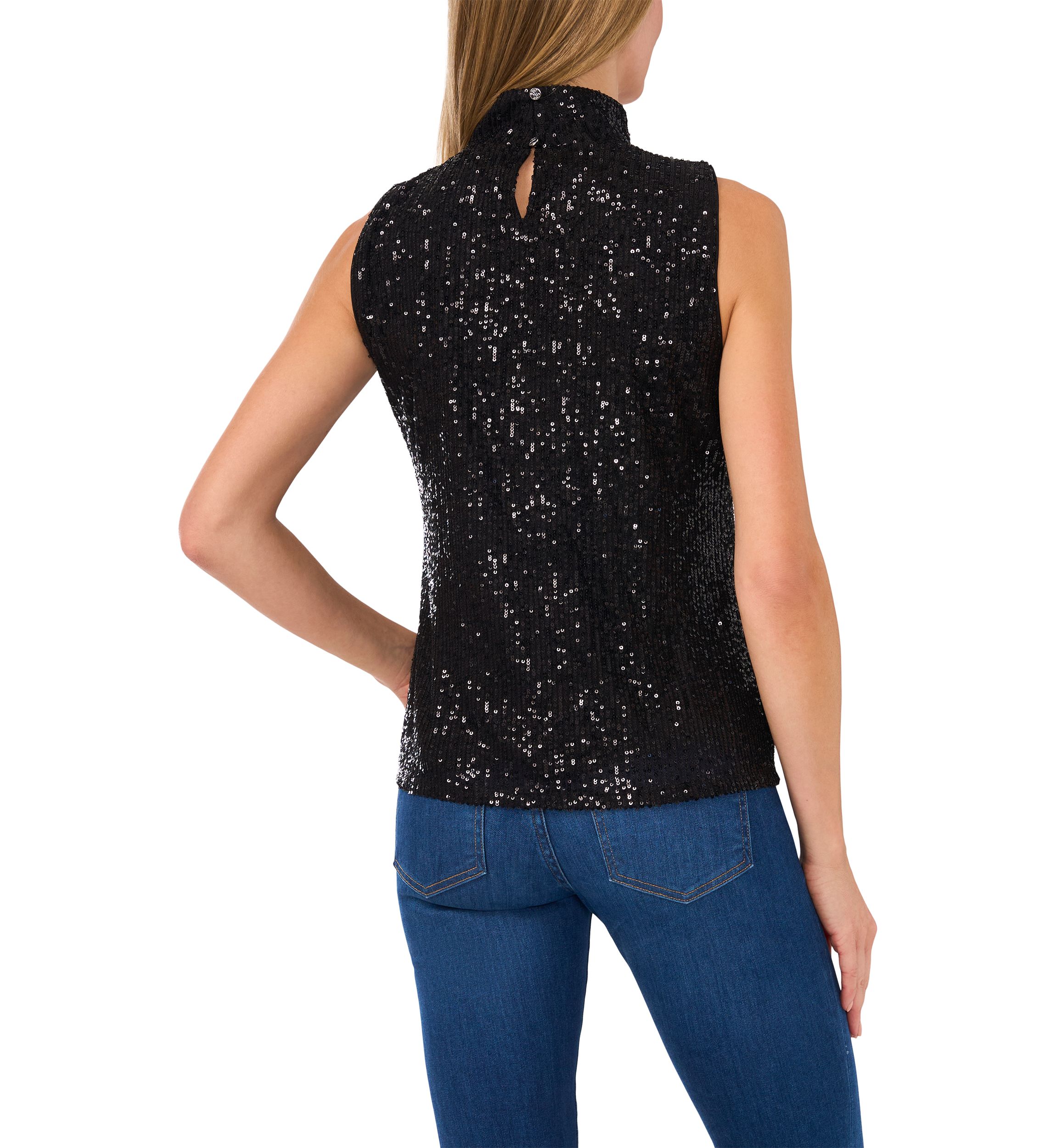 Womens Sleeveless Mock Neck Sequin Top