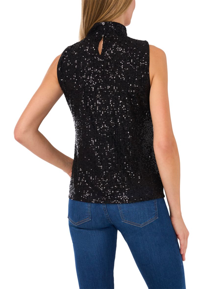 Womens Sleeveless Mock Neck Sequin Top