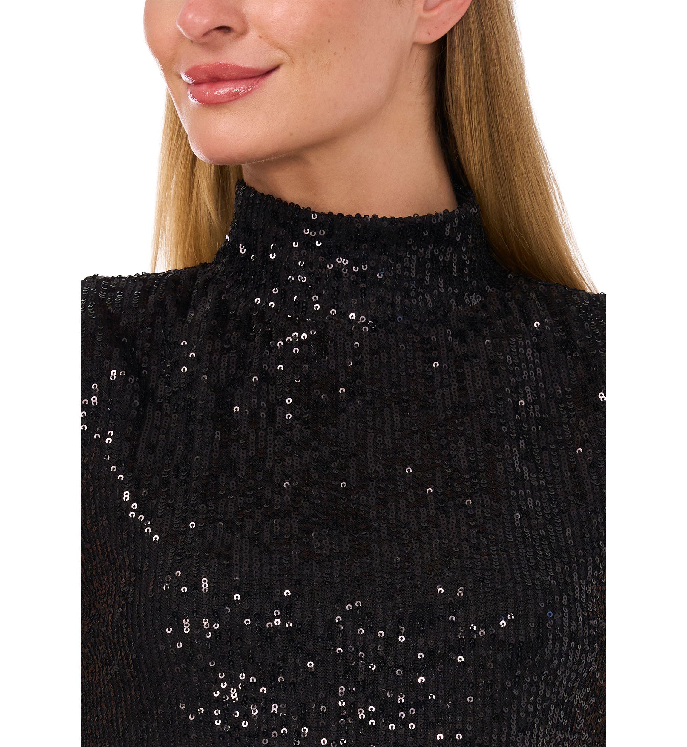 Womens Sleeveless Mock Neck Sequin Top