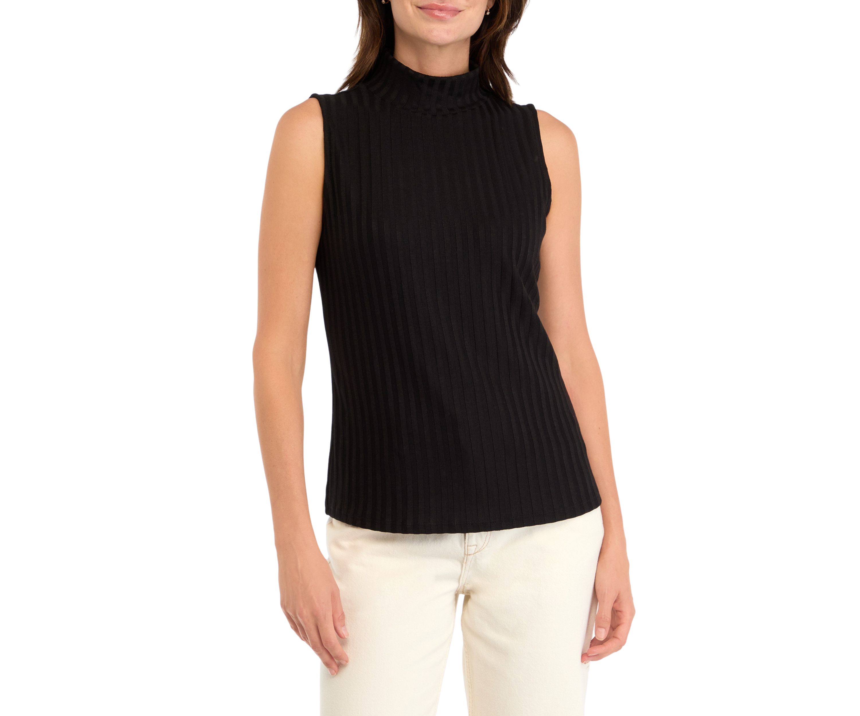 Womens Sleeveless Rib Mock Neck Knit Top 
