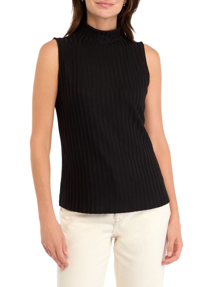 Womens Sleeveless Rib Mock Neck Knit Top 