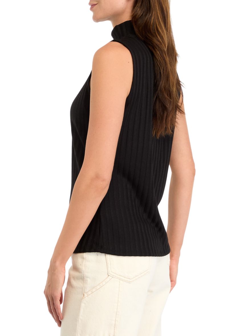 Womens Sleeveless Rib Mock Neck Knit Top 
