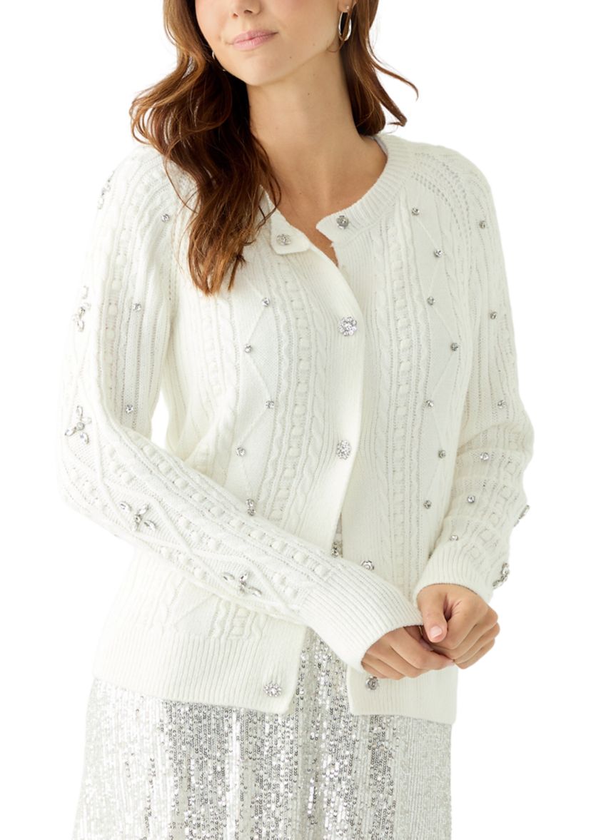 Womens Embroidered Button Front Cardigan