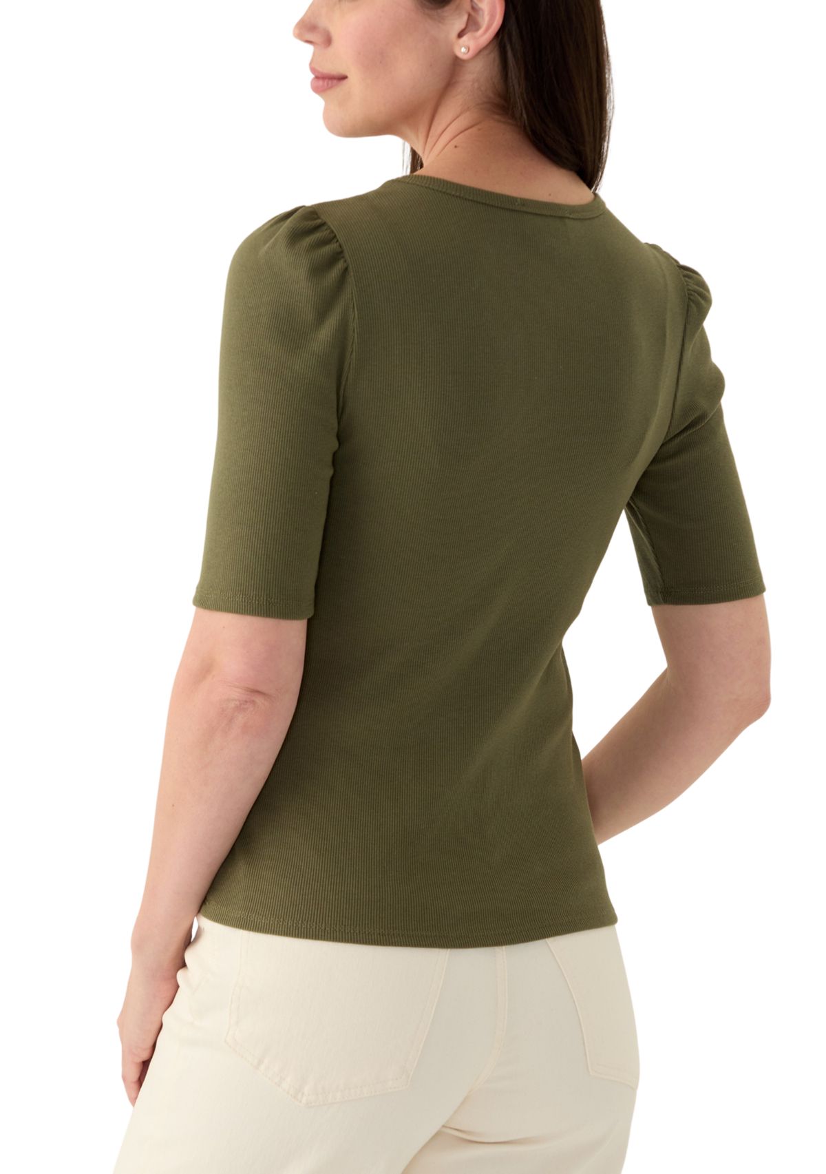 Womens Short Puff Sleeve Rib Knit Top