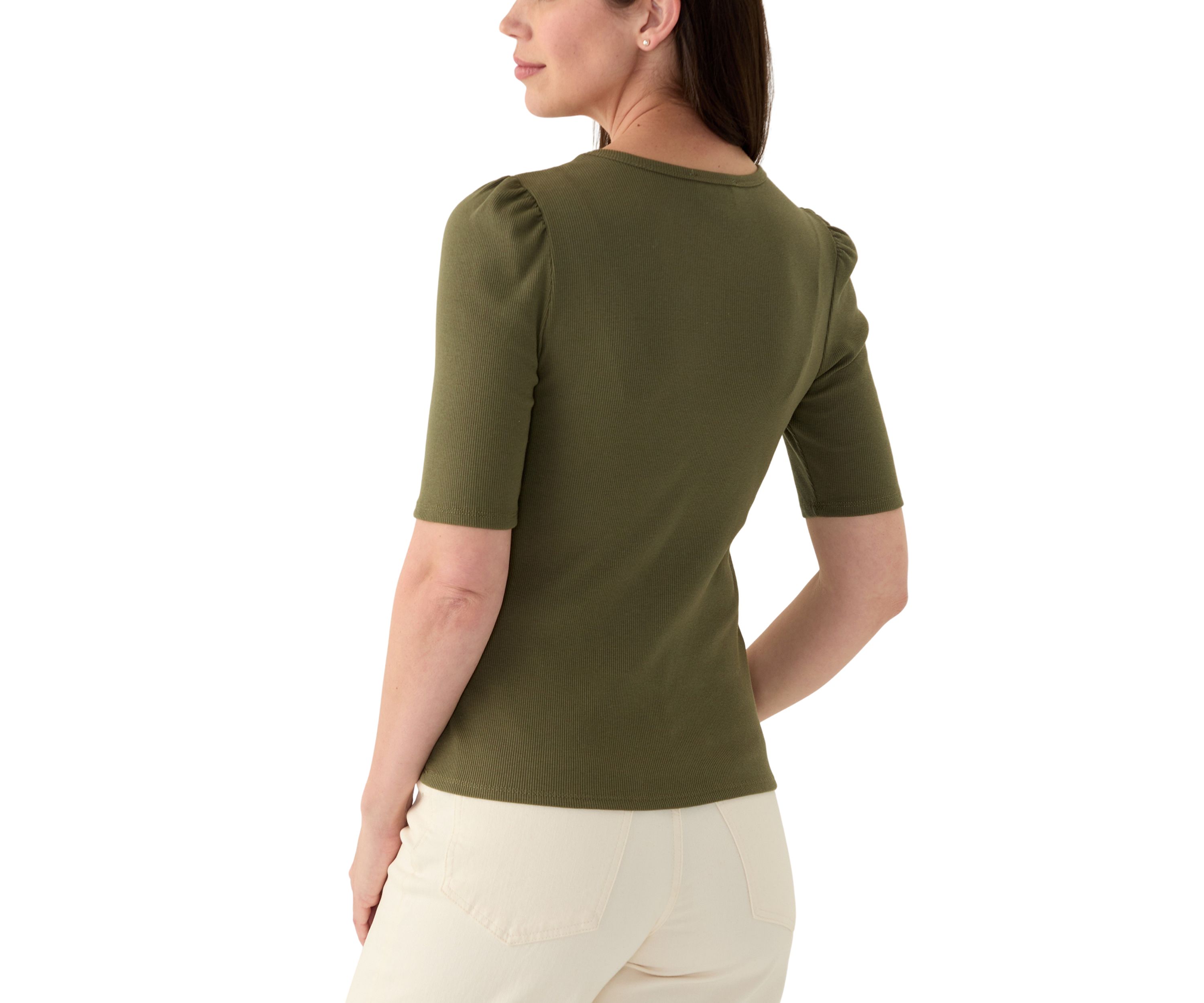 Womens Short Puff Sleeve Rib Knit Top