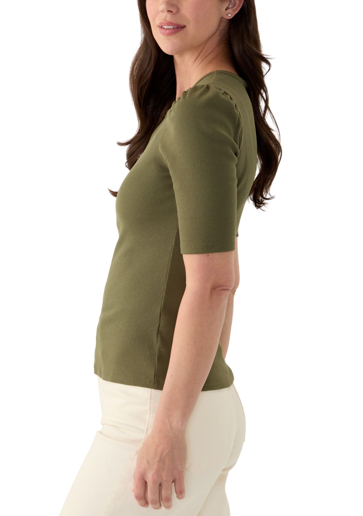 Womens Short Puff Sleeve Rib Knit Top