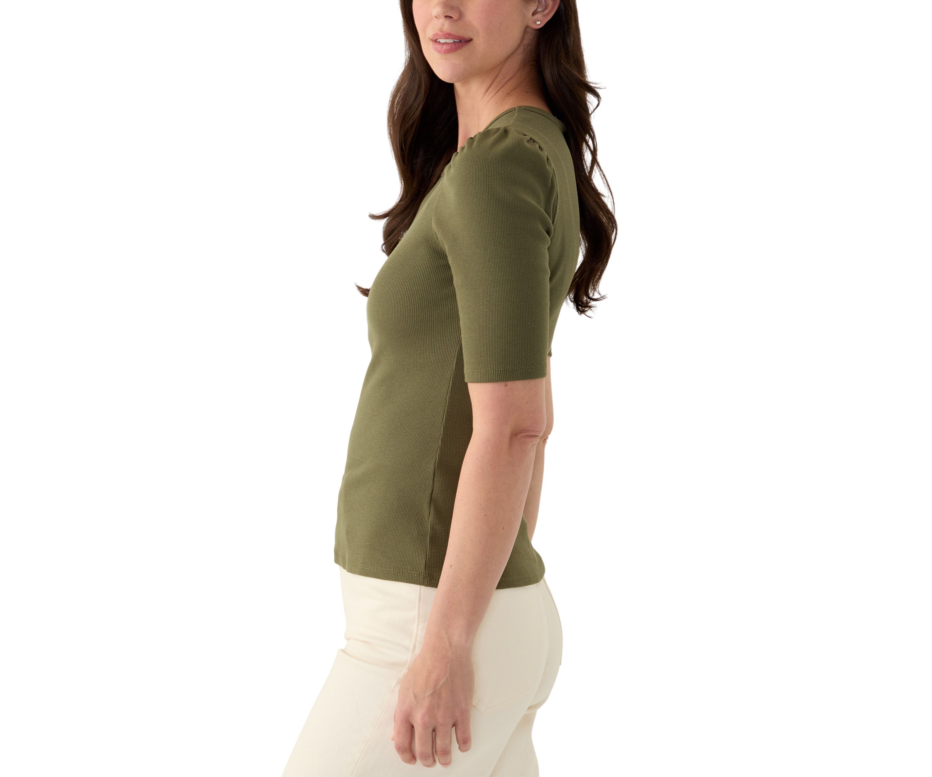 Womens Short Puff Sleeve Rib Knit Top