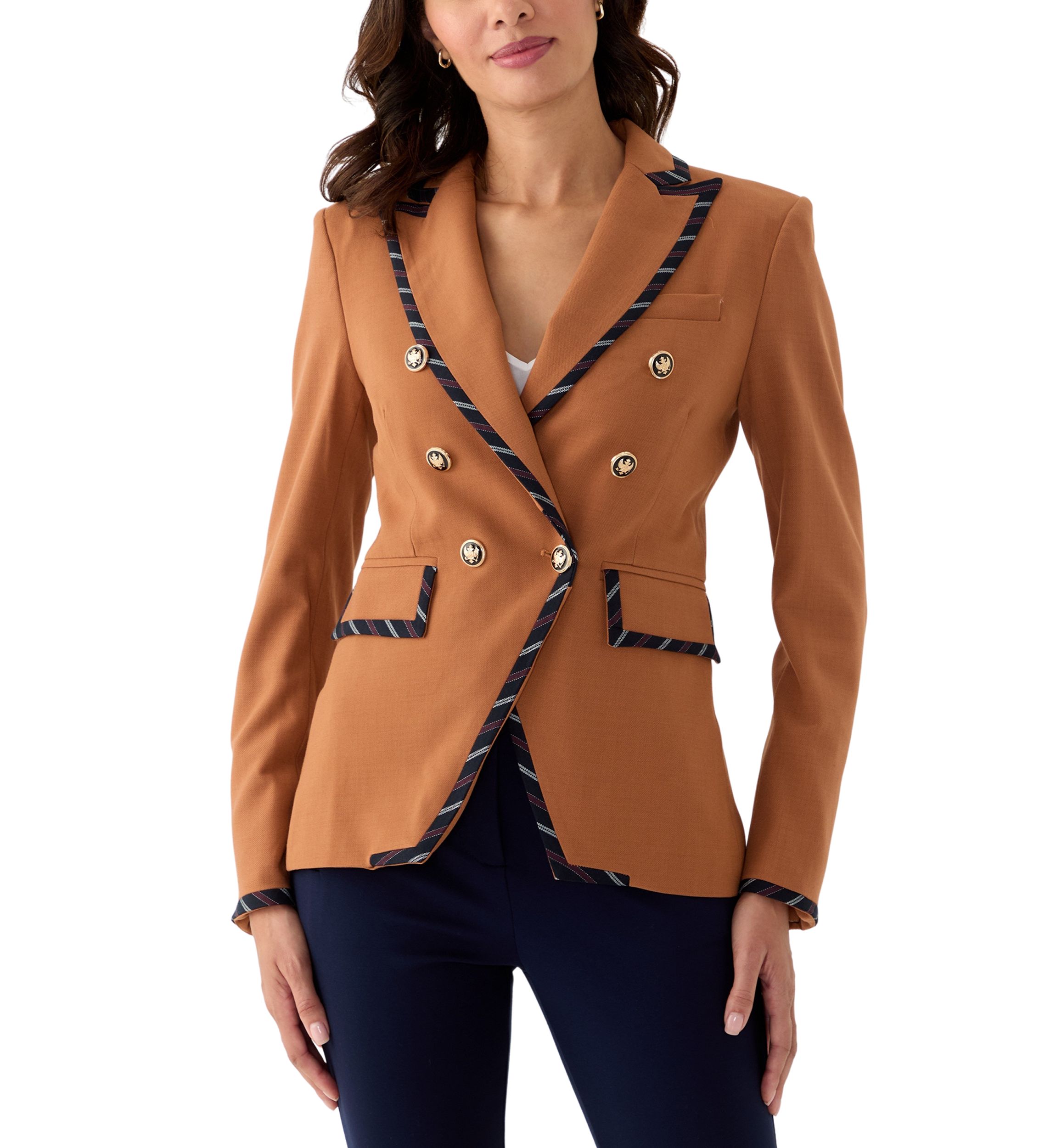 Womens Plaid Trim Double Breasted Blazer