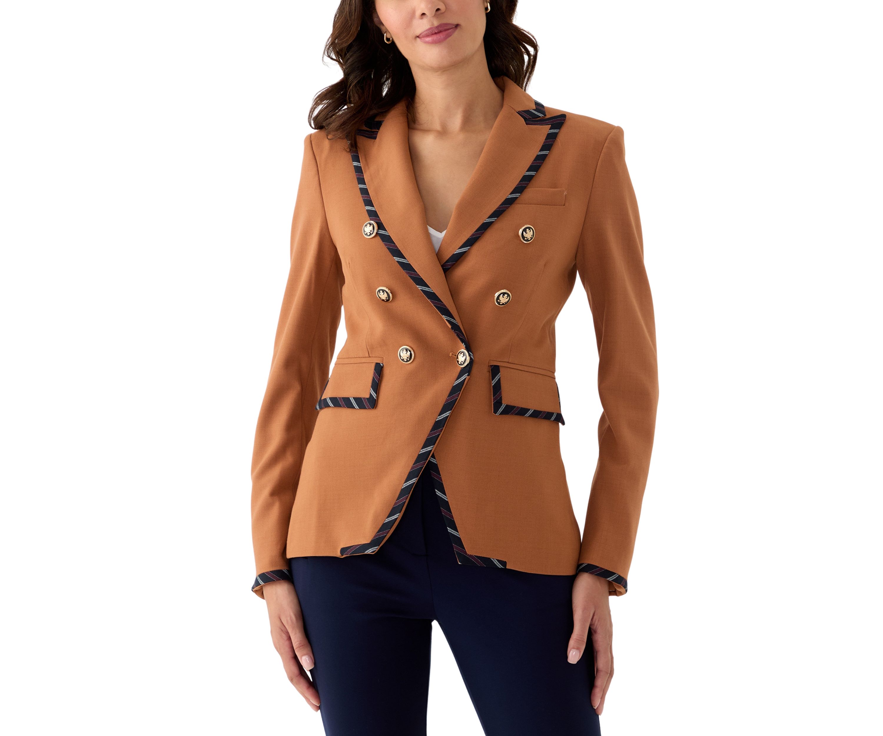 Womens Plaid Trim Double Breasted Blazer