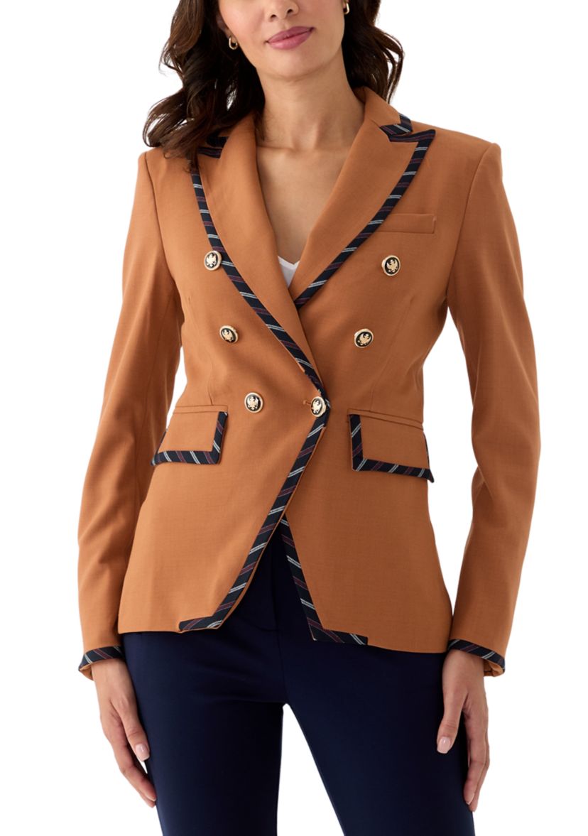 Womens Plaid Trim Double Breasted Blazer