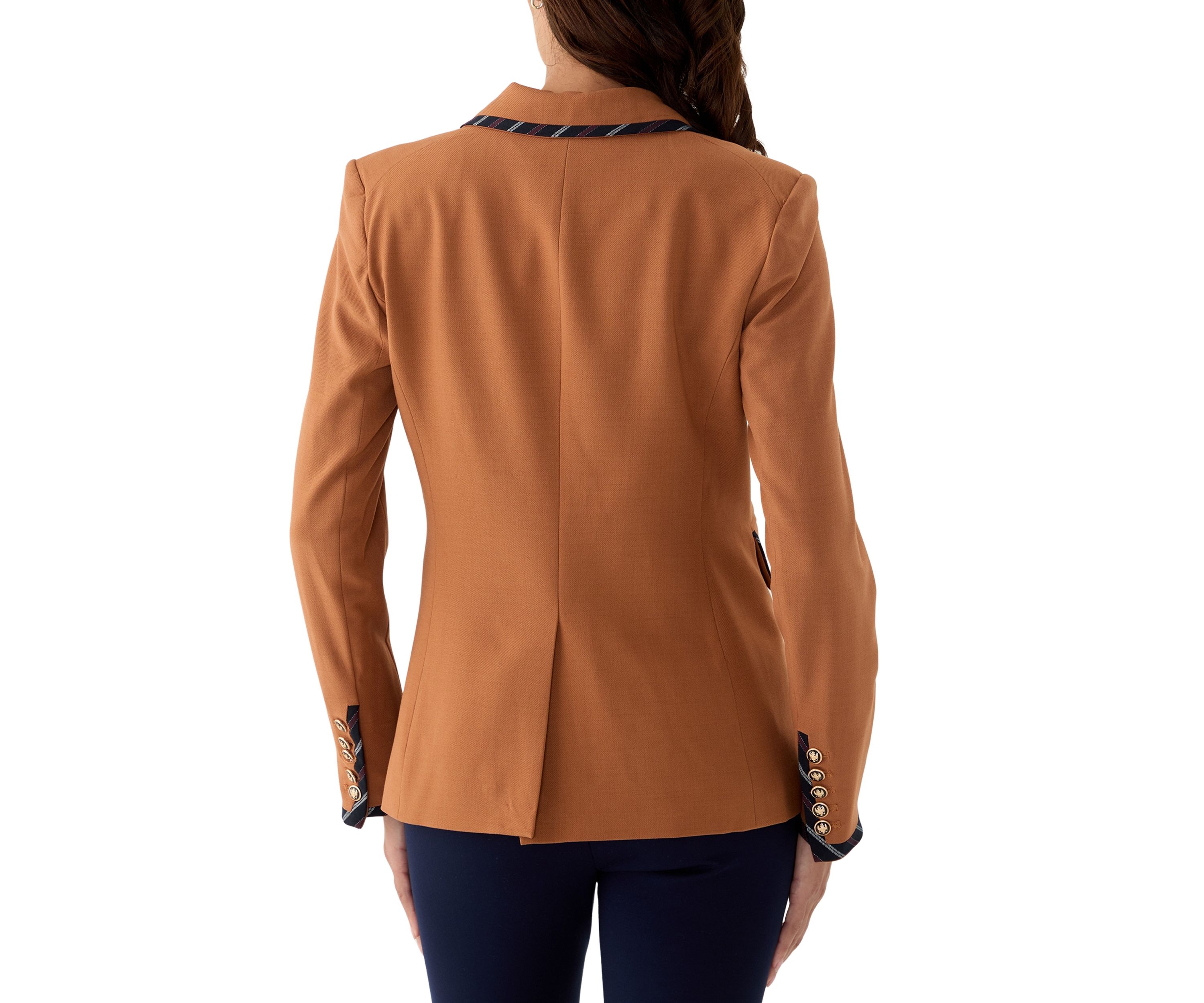Womens Plaid Trim Double Breasted Blazer