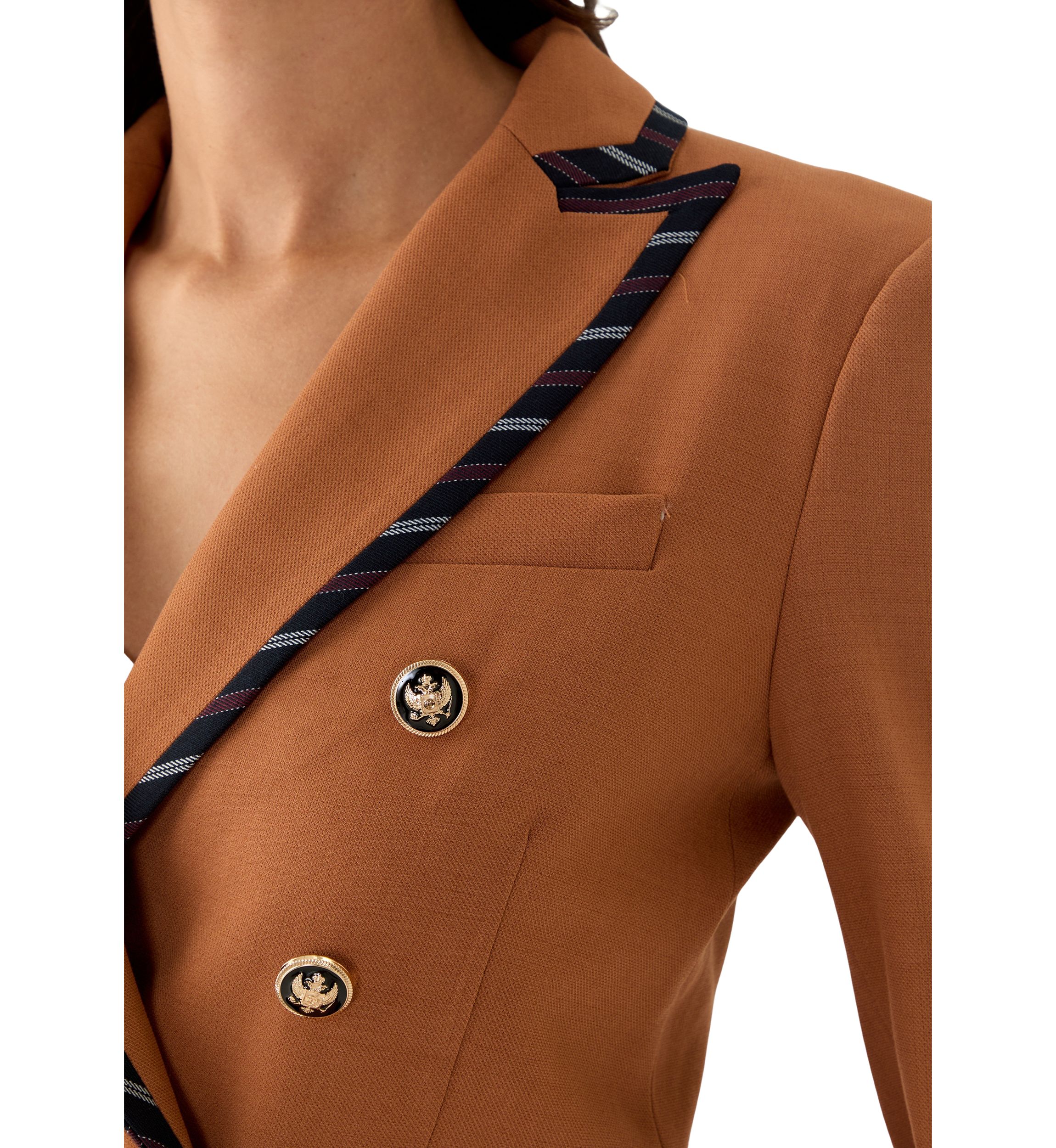 Womens Plaid Trim Double Breasted Blazer