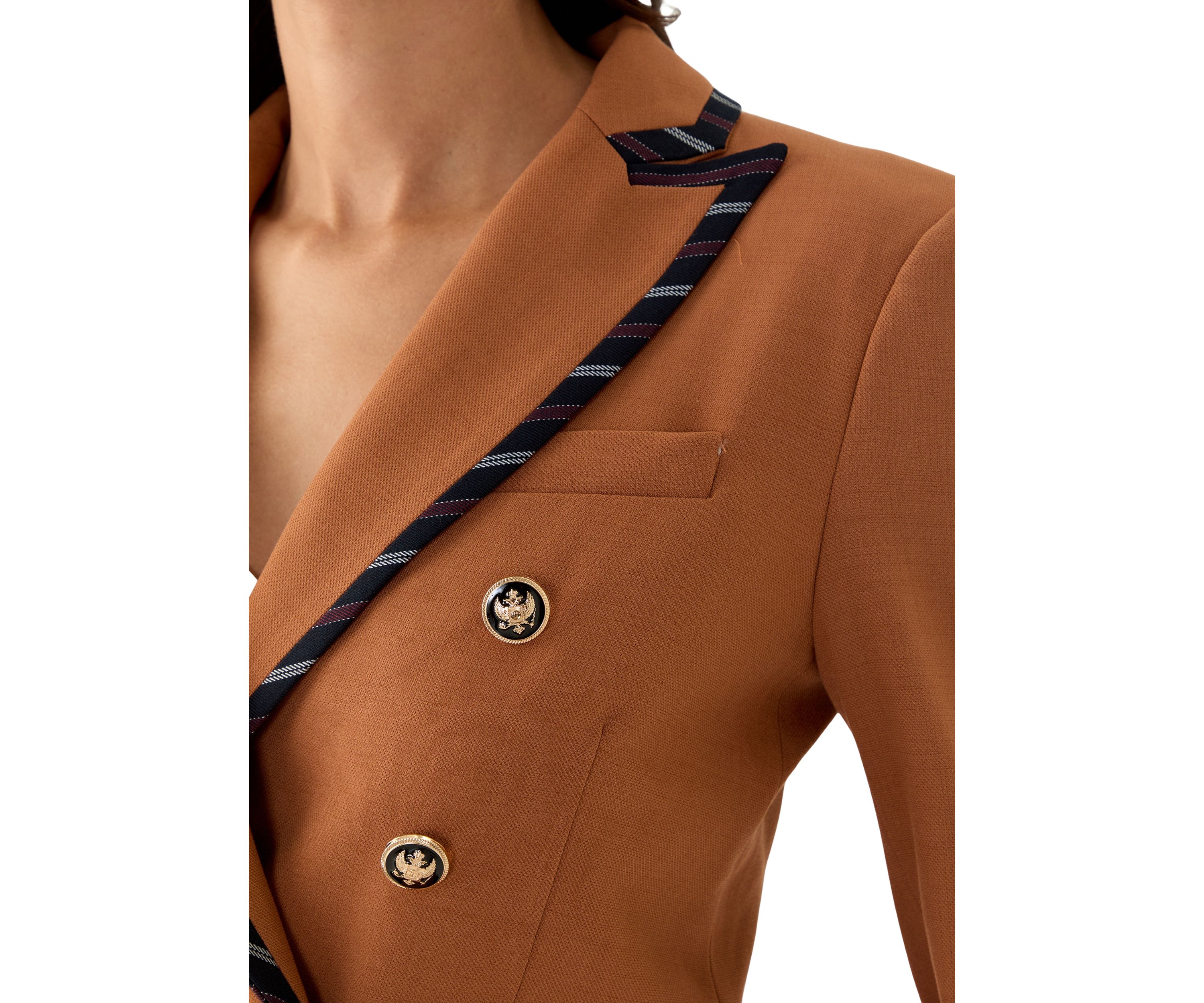 Womens Plaid Trim Double Breasted Blazer
