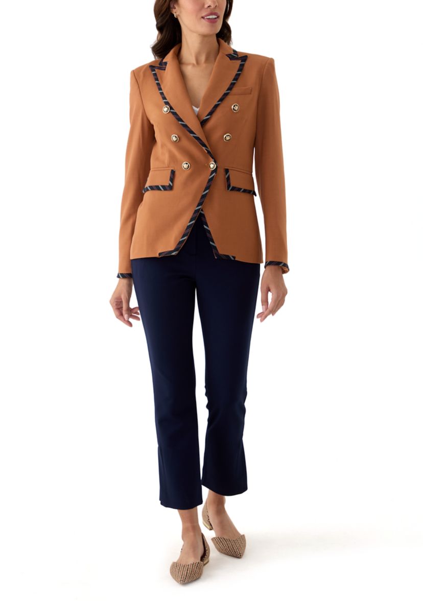 Womens Plaid Trim Double Breasted Blazer