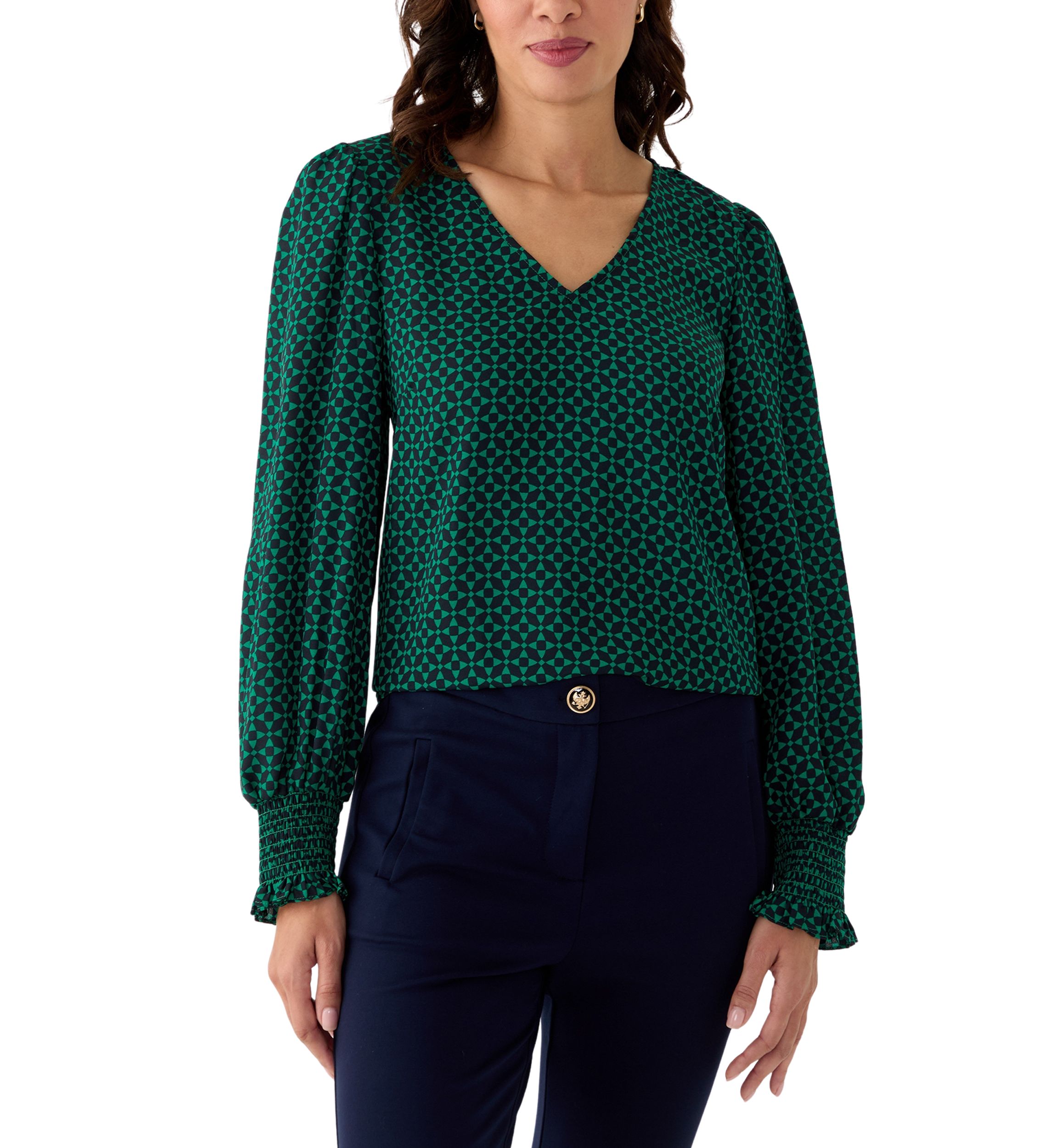 Womens Long Sleeve V-Neck Geometric Print Blouse