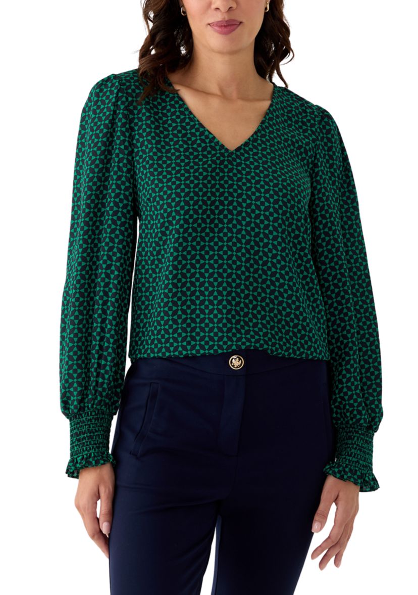 Womens Long Sleeve V-Neck Geometric Print Blouse