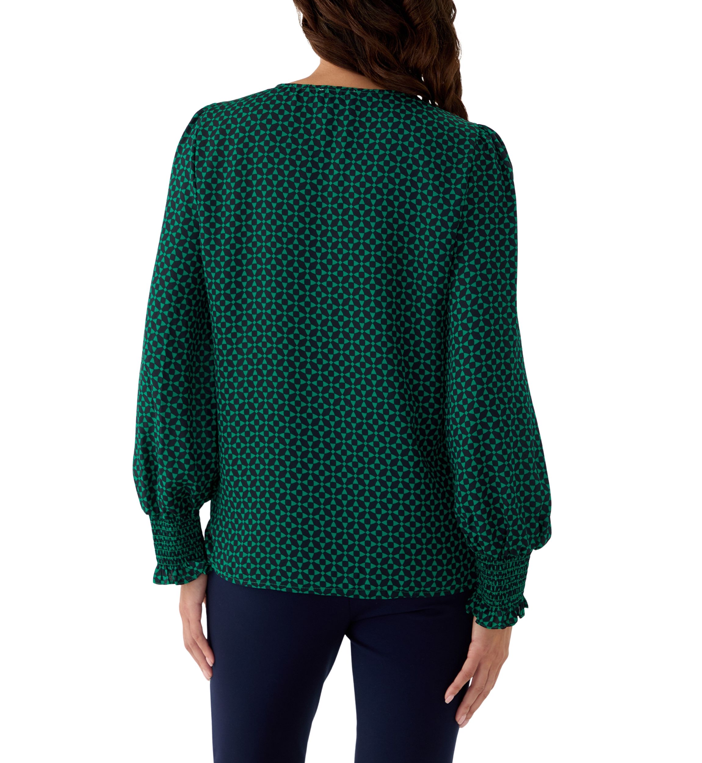 Womens Long Sleeve V-Neck Geometric Print Blouse