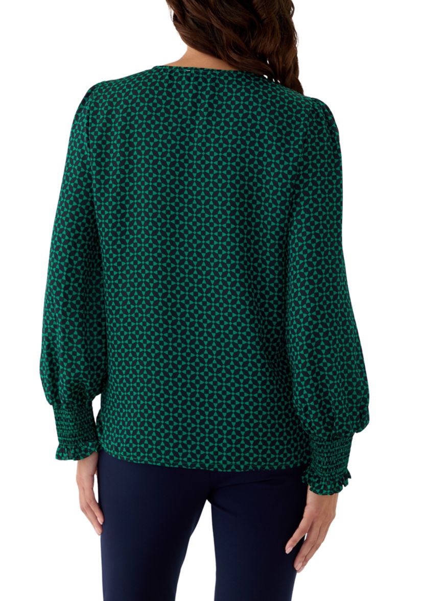 Womens Long Sleeve V-Neck Geometric Print Blouse