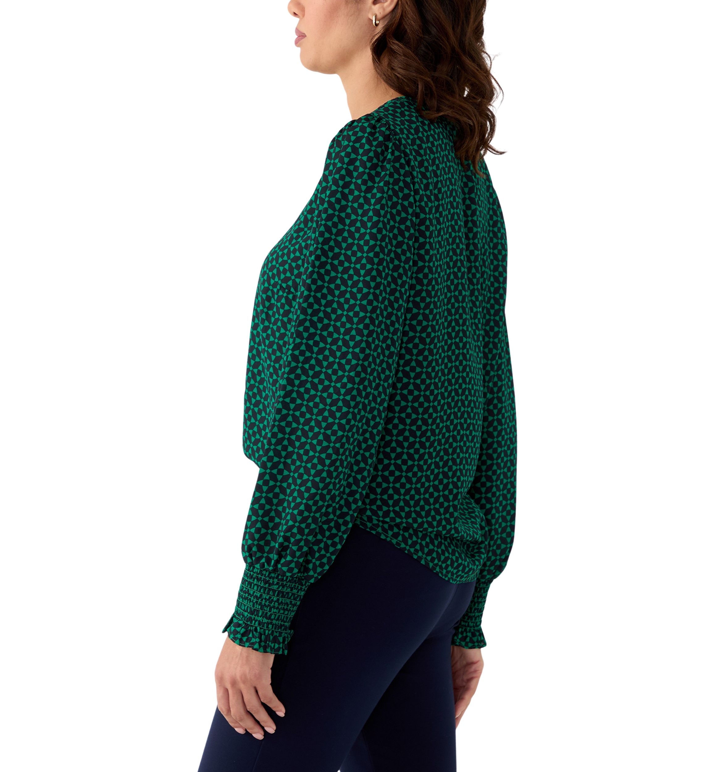 Womens Long Sleeve V-Neck Geometric Print Blouse