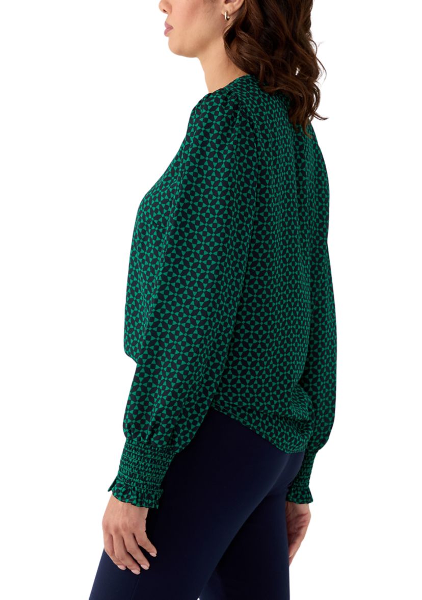 Womens Long Sleeve V-Neck Geometric Print Blouse