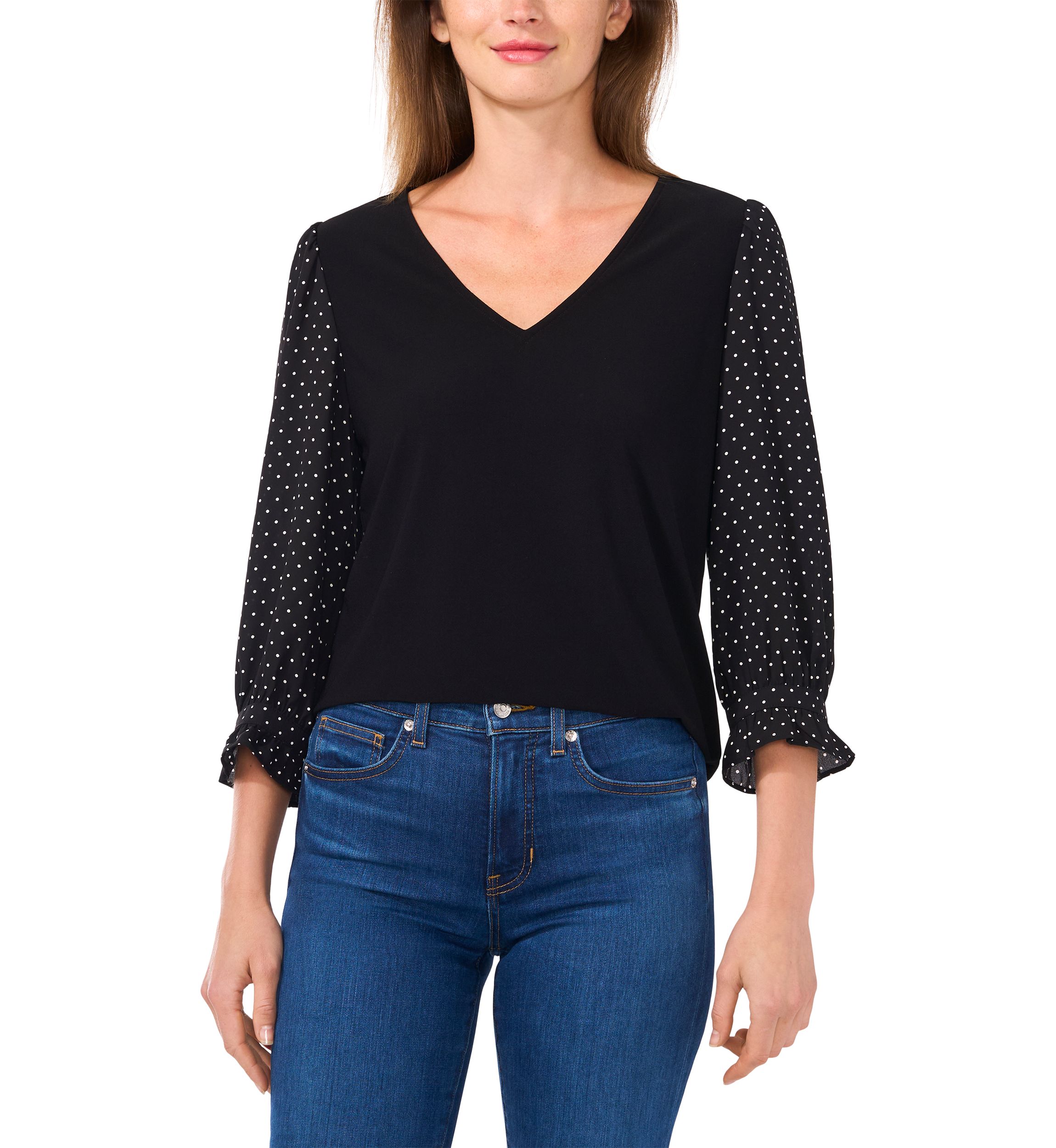 Womens 3/4 Printed Sleeve Mixed Media Top 