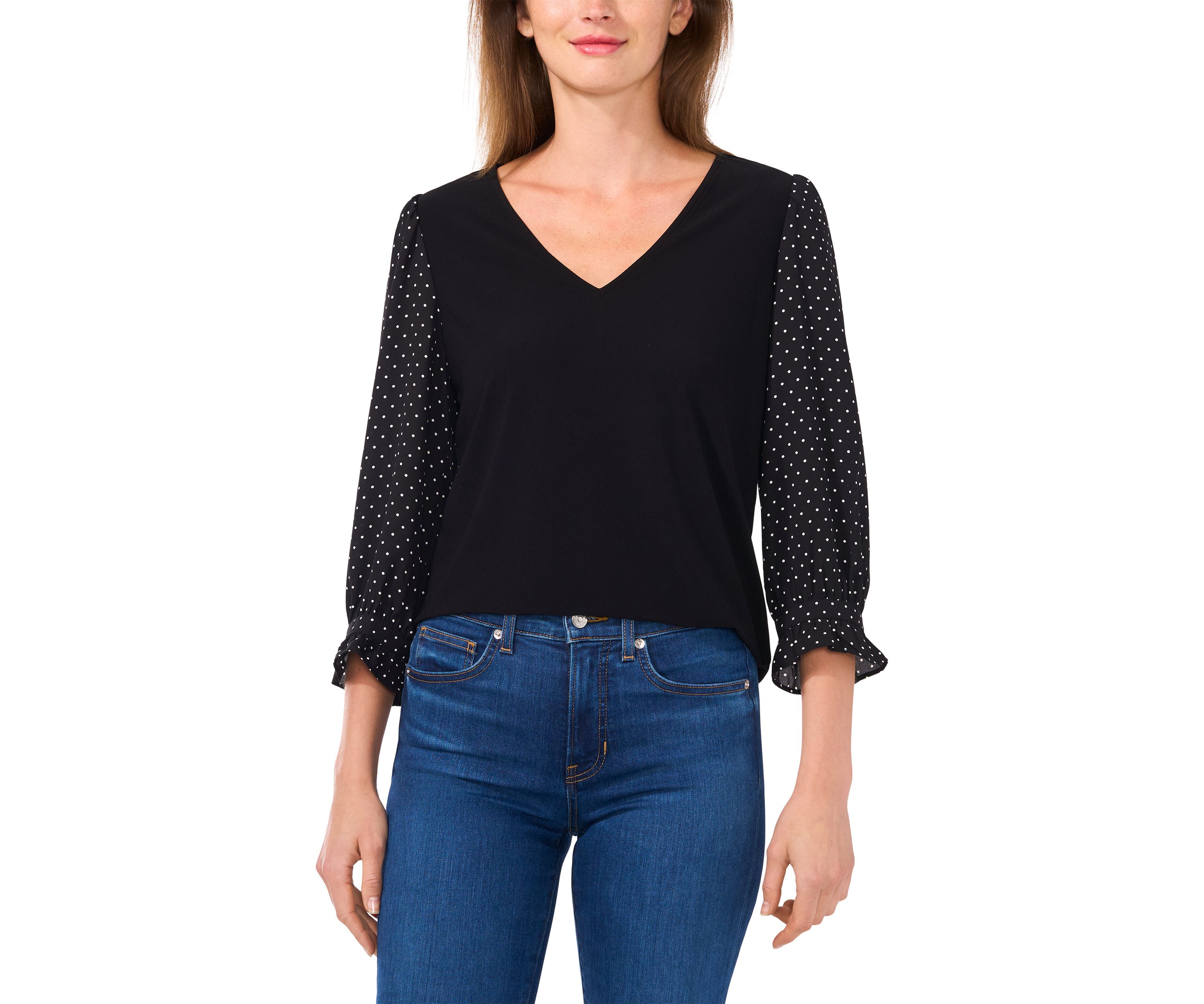 Womens 3/4 Printed Sleeve Mixed Media Top 