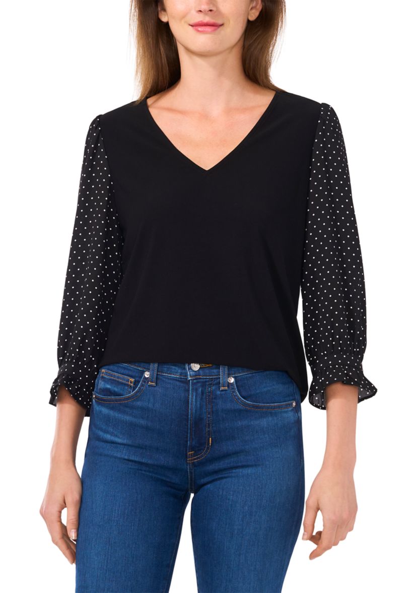 Womens 3/4 Printed Sleeve Mixed Media Top 