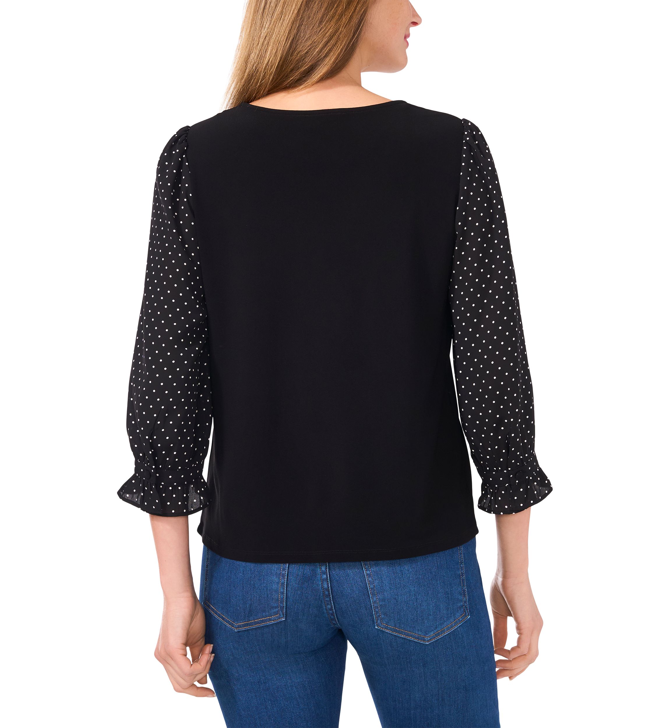 Womens 3/4 Printed Sleeve Mixed Media Top 