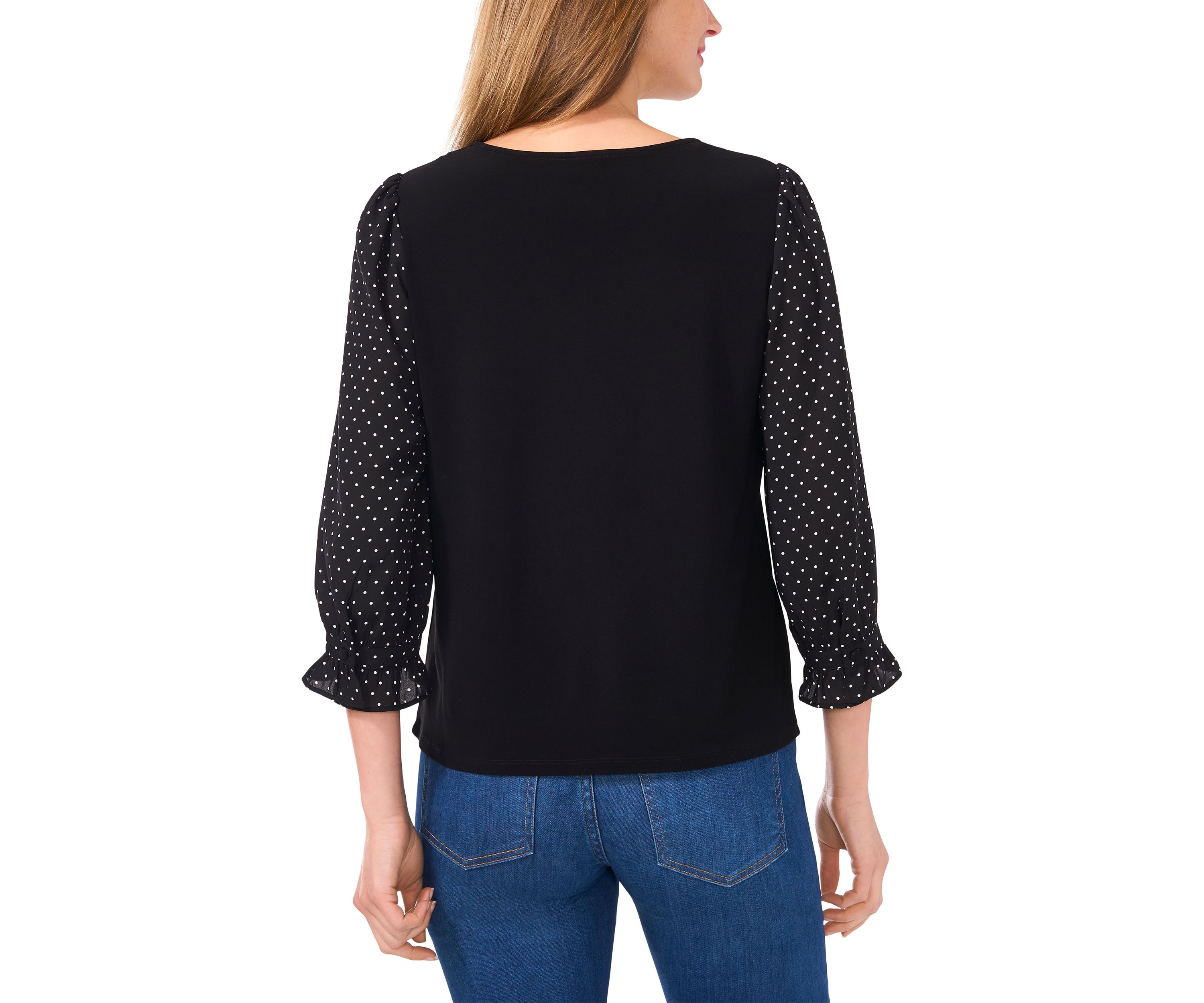 Womens 3/4 Printed Sleeve Mixed Media Top 