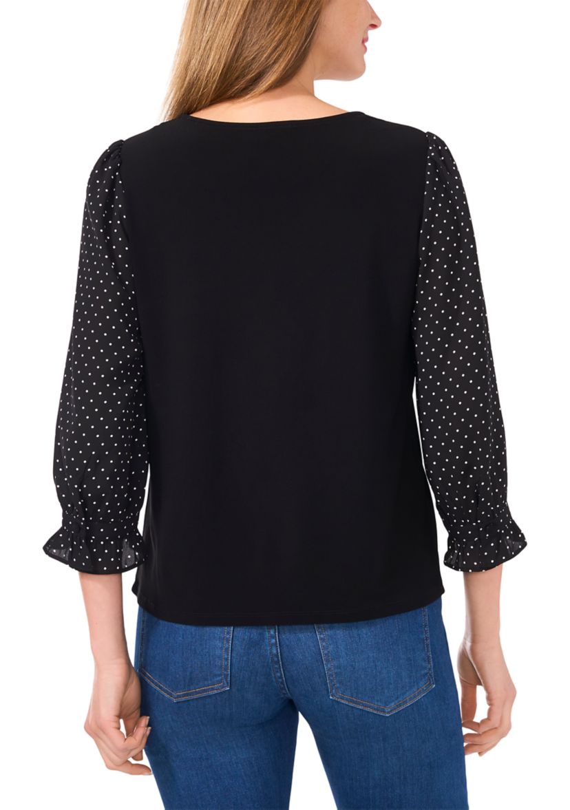 Womens 3/4 Printed Sleeve Mixed Media Top 