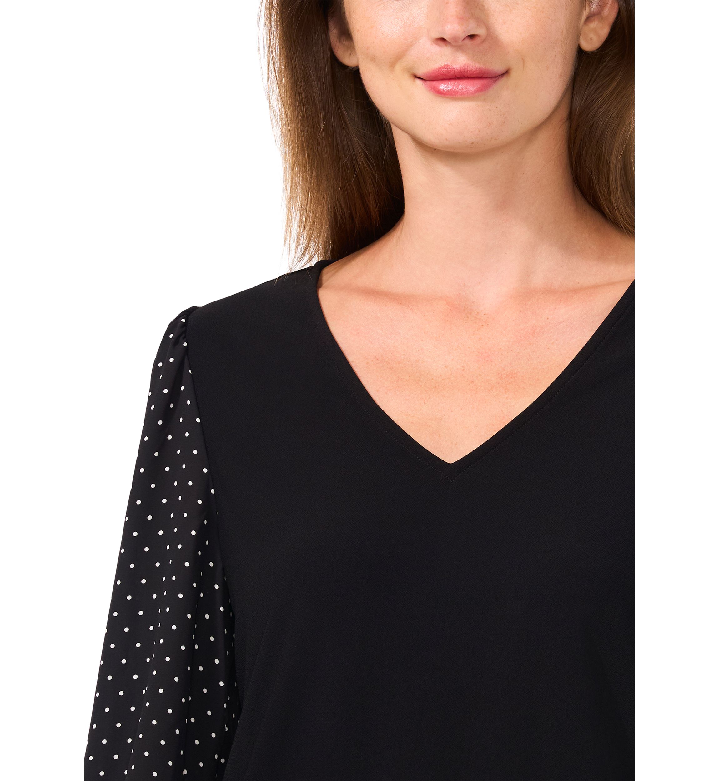 Womens 3/4 Printed Sleeve Mixed Media Top 