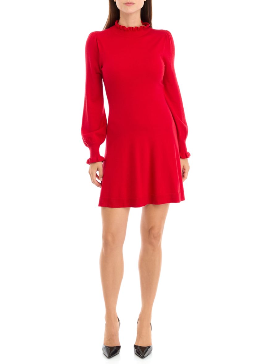 Womens Long Sleeve Ruffle Neck Sweater Dress